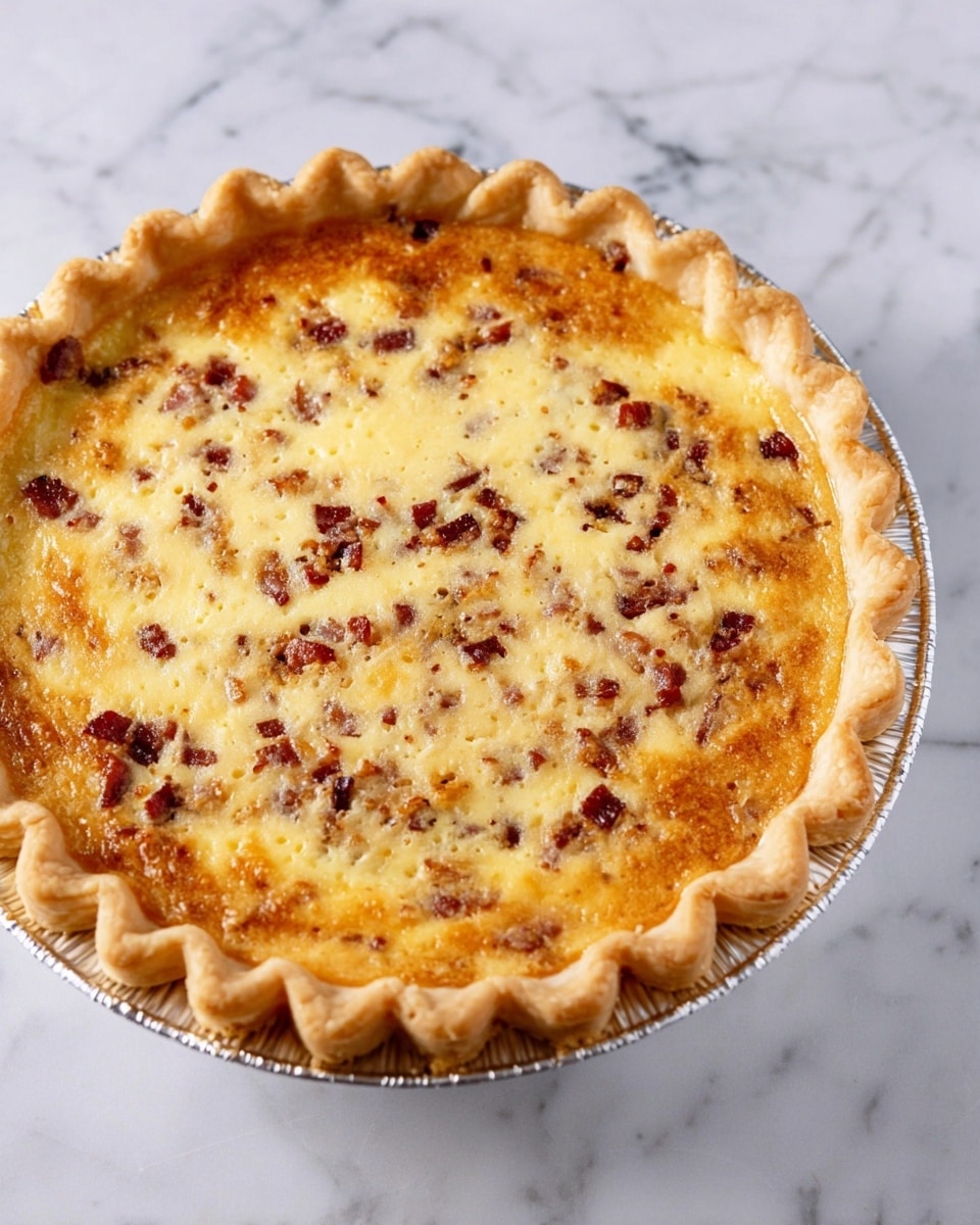 A round pie with a golden-brown crust that is crimped and raised around the edges. Inside, the pie filling is a pale yellow custard with small, evenly spread chunks of brown bacon throughout. The pie sits in a shiny foil pie tin, placed on a white marbled surface. The top of the filling has a slightly bubbled and baked texture with some darker brown spots. The photo taken with an iphone --ar 4:5 --v 7