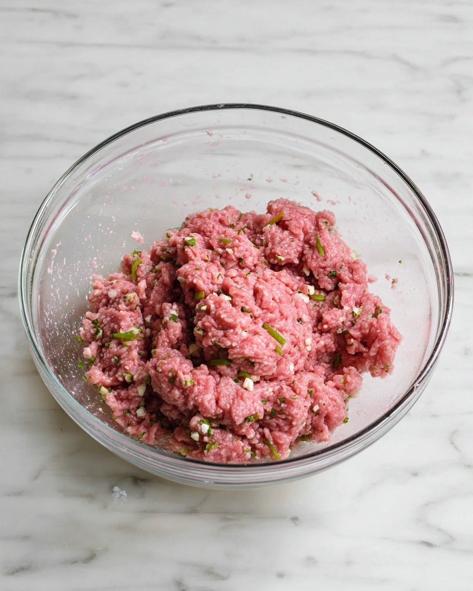 A clear glass bowl sits on a white marbled surface, filled with a mixture of raw pink ground meat that has small green herbs and tiny white bits mixed in. The texture looks soft and slightly chunky, with the meat filling most of the bowl, sitting loosely in the center and spreading out slightly toward the edges. The bowl is simple and round, showing the marbled background clearly through the glass. photo taken with an iphone --ar 4:5 --v 7