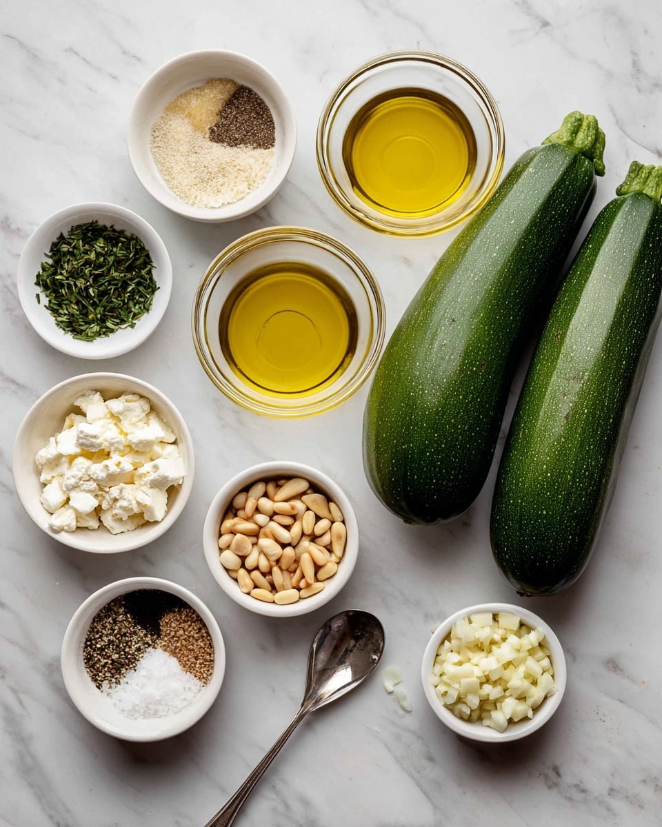 The image shows a white marbled surface with cooking ingredients arranged neatly. On the right, there are three whole green zucchinis with a shiny surface. In the center, two small clear glass bowls hold golden yellow oil and a light brown liquid. Around them, five small white bowls contain chopped green herbs, whole pine nuts, white crumbled cheese, a coarse grainy mix, and a mix of black pepper and salt. In the lower right corner, a silver spoon holds finely chopped white garlic. The photo taken with an iphone --ar 4:5 --v 7