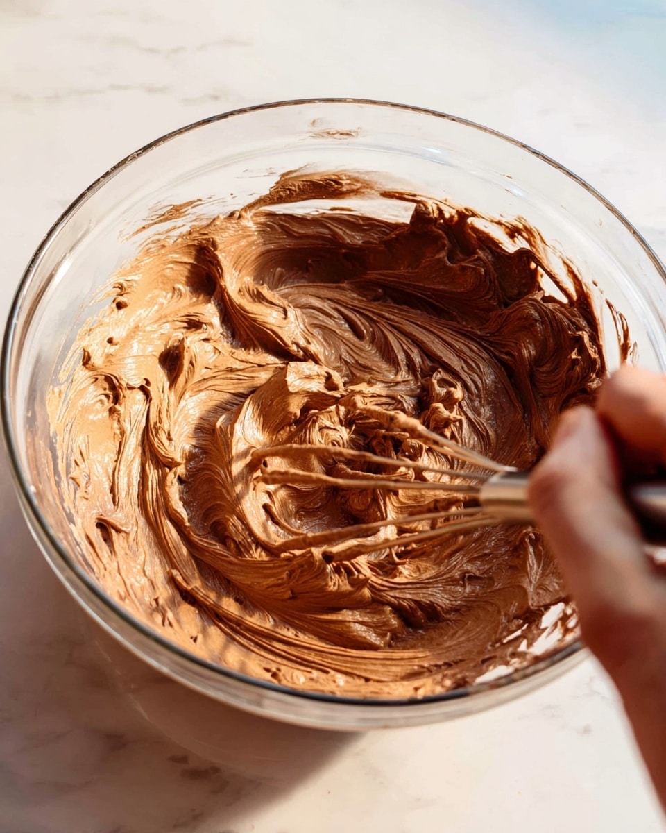 A clear glass mixing bowl filled with thick, light brown chocolate cream being whipped, showing smooth and fluffy texture with some swirls and folds from mixing. A woman's hand is holding the bowl from below while a whisk is stirring the cream, capturing motion and the rich creamy consistency. The bowl is set on a white marbled surface with soft natural light highlighting the glossy shine of the chocolate cream. photo taken with an iphone --ar 4:5 --v 7