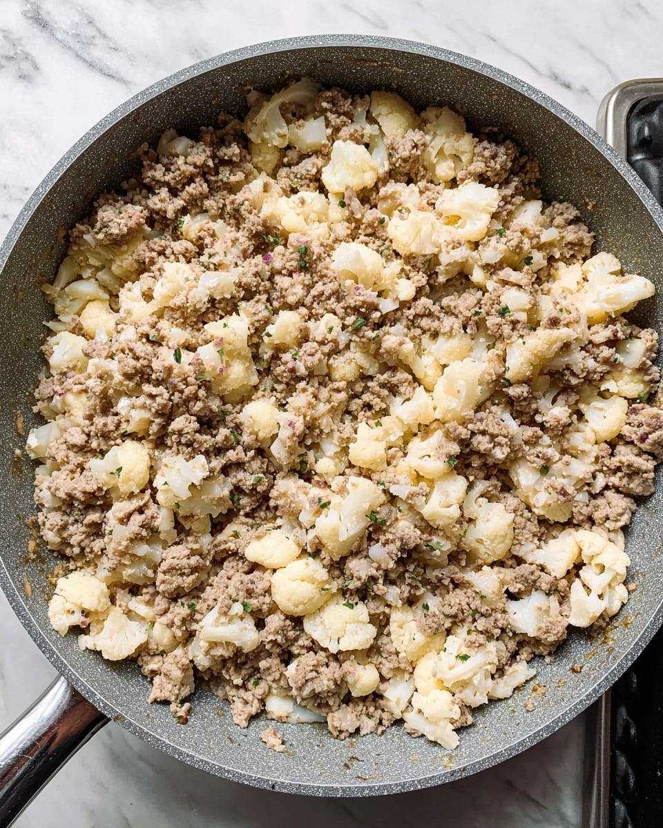 This image shows a close-up top view of a large gray cooking pan filled with a mixed dish that has two main layers merged together: light brown minced meat and off-white cauliflower pieces. The cauliflower pieces are small and irregular in shape, spread evenly throughout the pan, while the minced meat covers almost all the visible surface with a crumbly, soft texture. The pan's handle is visible on the left side, resting on a white marbled surface, and the edge of a stovetop burner appears on the right. The colors are mostly earthy and muted, with the dish looking creamy and steamy. photo taken with an iphone --ar 4:5 --v 7