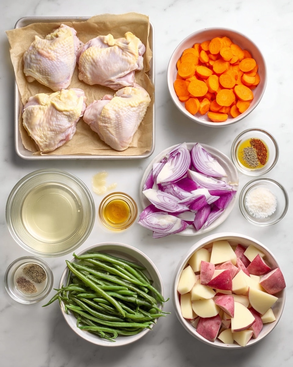 The image shows an overhead view of a white marbled surface with several bowls and a tray arranged neatly. In the top left corner, there is a square tray lined with parchment paper holding five pieces of raw chicken thighs with light pink and pale yellow skin. Below the tray, there is a clear glass bowl containing a small amount of clear liquid. To the right of this bowl, there is another clear glass bowl filled with bright orange sliced carrots. Next to the carrots, a white bowl contains roughly chopped red onions with purple and white layers visible. Above the onions, a medium white bowl holds a bunch of fresh green beans with smooth textures. To the right, another white bowl is filled with unevenly chopped red-skinned white potatoes. Above the potatoes, there are five small glass bowls arranged in a semi-circle: the bowls contain a creamy white sauce, an amber honey-like liquid, a beige sauce, a tiny bowl with red and white spices, and one small bowl with yellow mustard. Finally, there is a small clear bowl with salt and ground black pepper. The whole layout is clean and organized, with a focus on fresh ingredients, photo taken with an iphone --ar 4:5 --v 7
