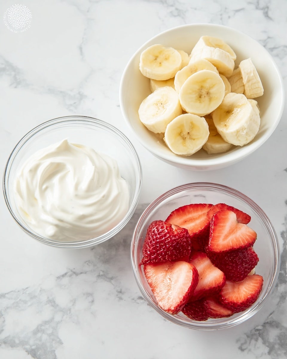 The image shows three clear glass bowls and one white bowl arranged on a white marbled surface. One clear bowl contains white creamy yogurt with a smooth texture, another clear bowl holds neatly sliced yellow banana rounds stacked loosely. The white bowl has several round red strawberry slices layered inside. The colors are bright and fresh, with clean, smooth textures and soft natural light highlighting the elements, photo taken with an iphone --ar 4:5 --v 7