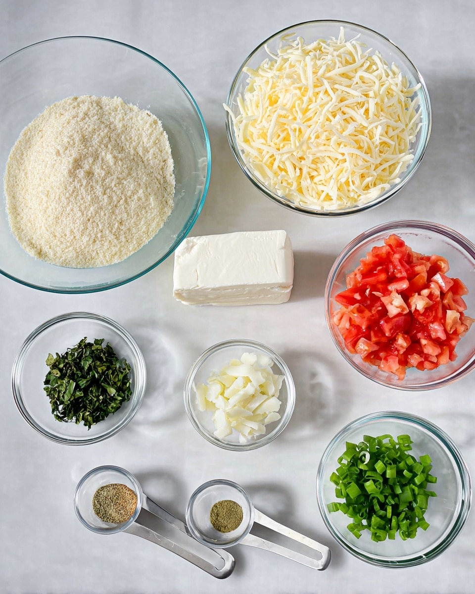 The image shows an assortment of clear glass bowls and small measuring spoons arranged on a white marbled surface. There is one large bowl filled with shredded pale yellow cheese, a medium bowl with fine beige crumbs, and a medium bowl with a solid white block of cream cheese. Other smaller bowls contain diced red tomatoes, chopped dark green basil, a white creamy substance, a pale yellow soft cheese stick, and chopped green onions. In front of the bowls, there are four small measuring spoons with small amounts of dry spices and seasoning in colors ranging from greenish brown to pale yellow. The scene is bright and clean with natural lighting. Photo taken with an iphone --ar 4:5 --v 7