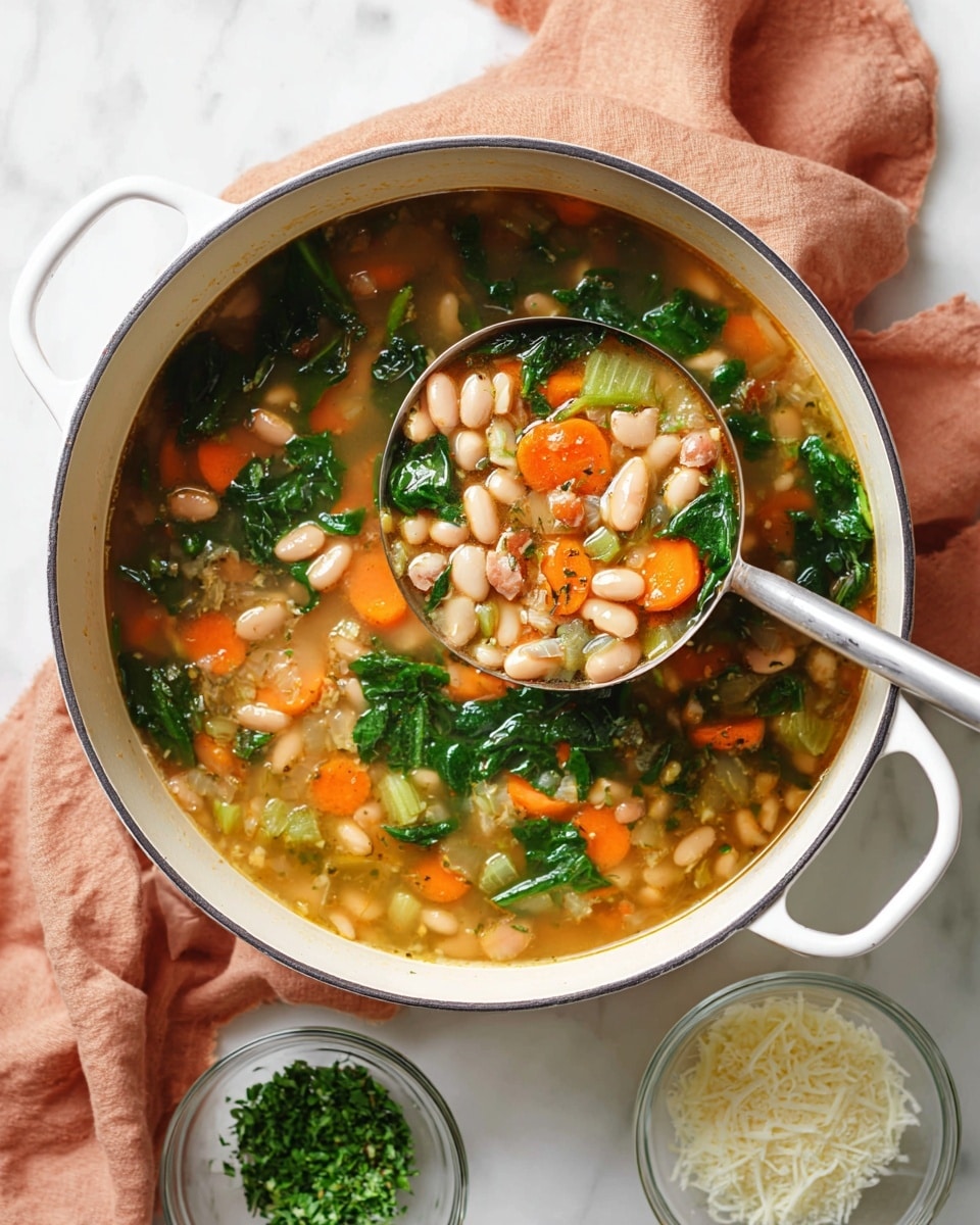 A white pot filled with a soup that has several layers of ingredients: light brown beans, chopped orange carrots, green celery pieces, and dark green spinach leaves floating in a clear broth. A ladle is scooping up some soup, showing the same mix of ingredients inside. Next to the pot are two small clear bowls, one with green chopped herbs and the other with grated cheese. The whole scene is set on a white marbled surface with a soft salmon-colored cloth underneath the pot. Photo taken with an iphone --ar 4:5 --v 7