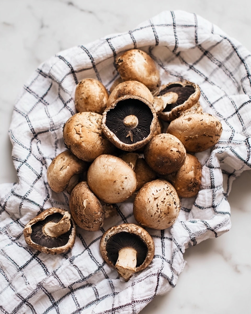 A pile of brown mushrooms with dark gills lies on a white and navy checkered cloth that is loosely spread over a white marbled surface. The mushrooms are in various positions, some showing their smooth caps, others turned upside down revealing the layered, dark textures of the gills inside. The mushrooms have a natural, slightly rough texture with small spots and marks on the caps, creating an earthy and fresh look. The scene is bright and clean with soft light highlighting the mushrooms and the cloth folds photo taken with an iphone --ar 4:5 --v 7