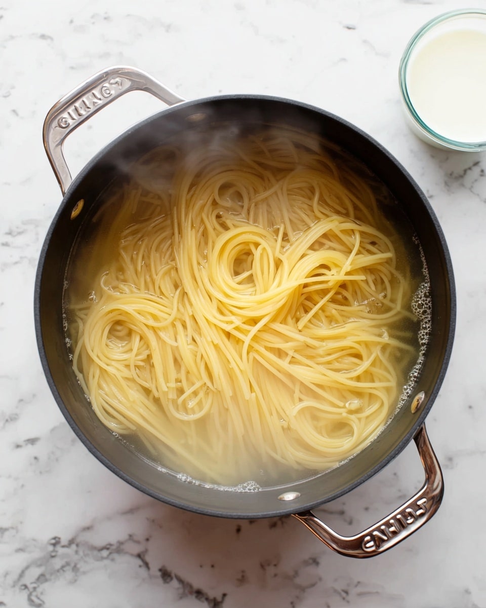 A top view of a black pot filled with long, pale yellow spaghetti noodles submerged in hot, bubbling water. The pot has two metal handles on each side, with one handle showing the brand name