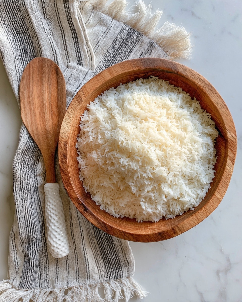 A wooden round bowl filled with a large layer of cooked, shiny white rice with a fluffy texture; on the left side, a white rice paddle with a textured handle is placed under a gray and white striped cloth partially covering the rice; the bowl rests on a white marbled surface. photo taken with an iphone --ar 4:5 --v 7