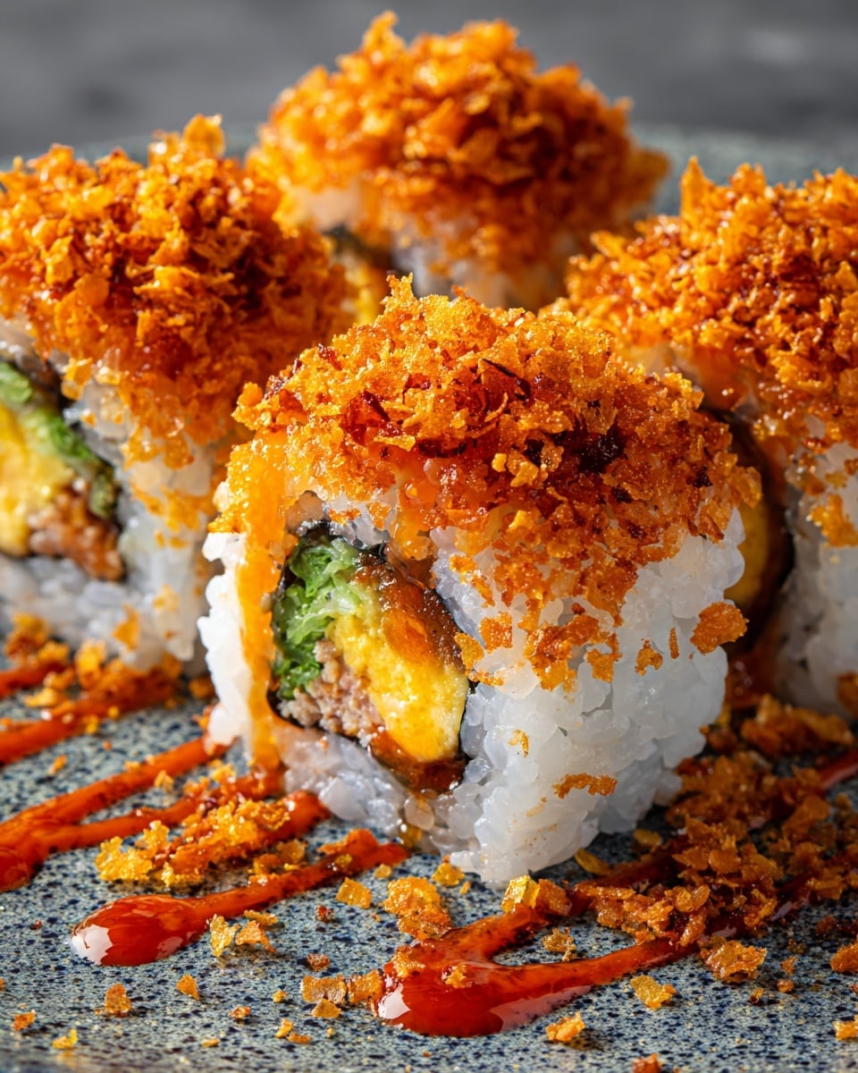 Three sushi rolls are placed on a speckled gray surface with orange sauce drizzled on top. Each roll has a white rice outer layer, with a glimpse of yellow and pink ingredients visible inside. The tops of the sushi are covered with crispy orange-brown flakes, scattered around the rolls. The image is close-up, showing detailed texture of the rice and topping. photo taken with an iphone --ar 4:5 --v 7