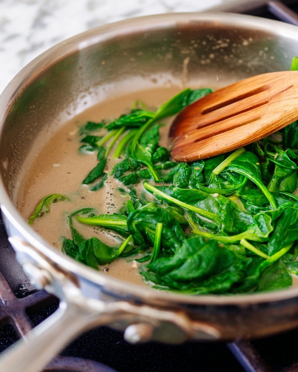 A close-up image of a shiny stainless steel pan on a stove with fresh green spinach leaves cooking in a light beige sauce. The spinach leaves are bright green with some stems visible, and the sauce has a smooth, slightly oily texture with tiny dark specks. A wooden slotted spoon with a warm brown color rests on the edge of the pan. The background shows a white marbled surface subtly blurred. photo taken with an iphone --ar 4:5 --v 7