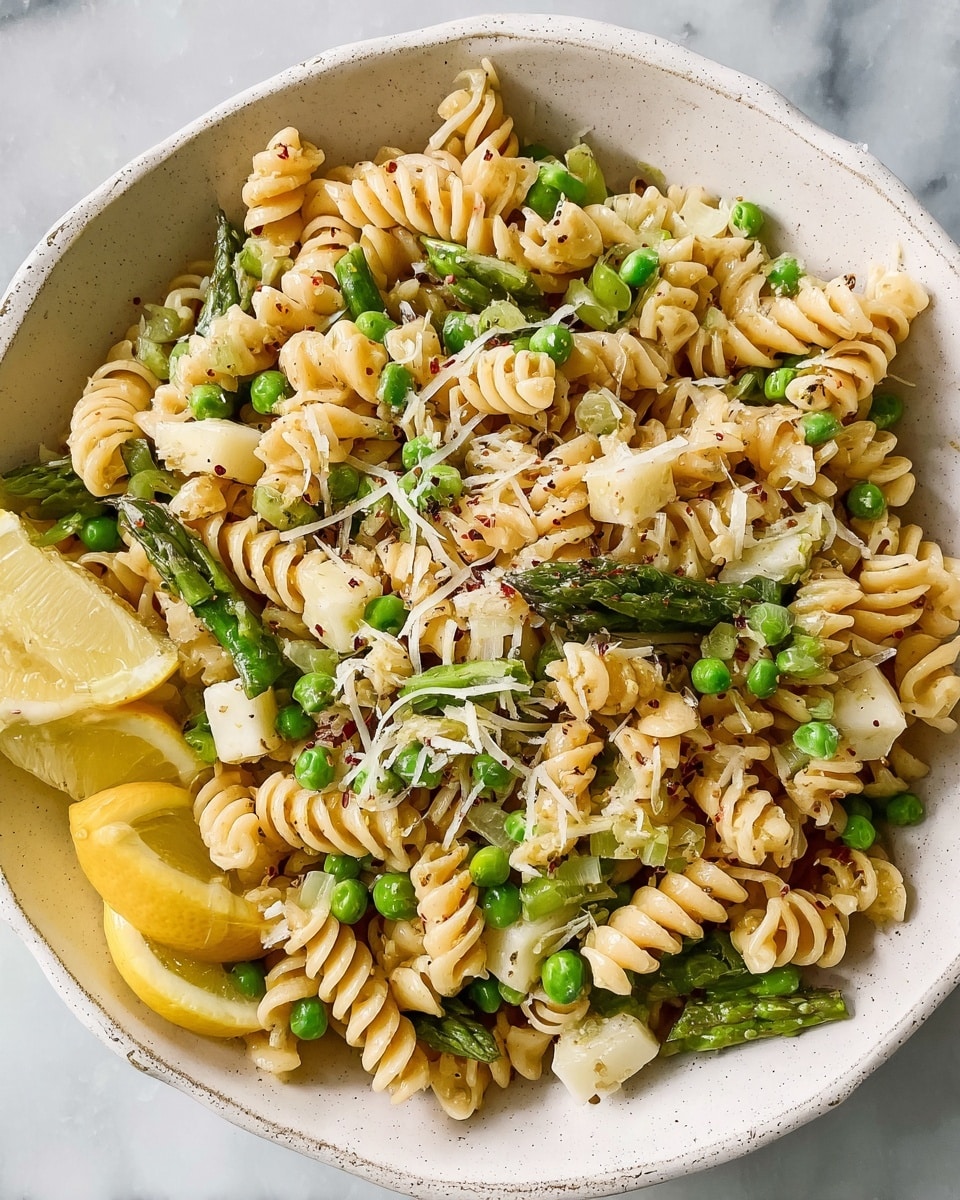 A white bowl filled with spiral pasta as the main layer, mixed with small bright green peas and green asparagus pieces scattered throughout. There are small white cheese cubes spread evenly on top, lightly sprinkled with fine shredded cheese and black pepper. On one side of the bowl, there are three lemon wedges resting against the pasta. The bowl sits on a white marbled surface, giving a clean and fresh look. photo taken with an iphone --ar 4:5 --v 7