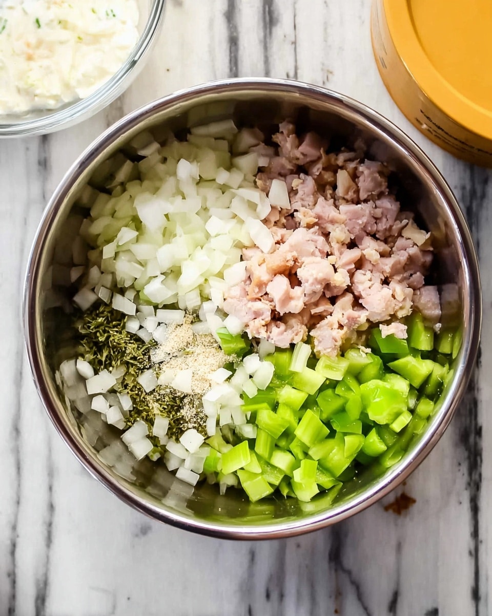 A metal bowl sits on a white marbled surface, inside the bowl are four layers of diced ingredients. On the left side is a layer of small white onion pieces, below it are green herbs and garlic powder. To the right of the onion is a pale pink layer of chopped cooked meat, and finally on the top right are bright green pieces of chopped celery. Next to the bowl on the white marbled surface is a clear glass bowl with a creamy white mixture. Part of a yellow container is visible behind the metal bowl. photo taken with an iphone --ar 4:5 --v 7