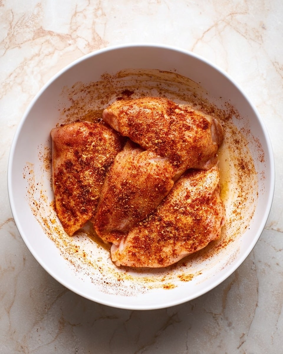 Inside a white bowl, three pieces of raw chicken are covered with a red-brown spice mix, scattered unevenly over the surface of each piece. The bowl's walls show streaks of the same spice, with some areas lightly smeared. The bowl sits on a white marbled textured surface, with a clear top-down view highlighting the colors and texture contrast between the chicken and seasoning. photo taken with an iphone --ar 4:5 --v 7