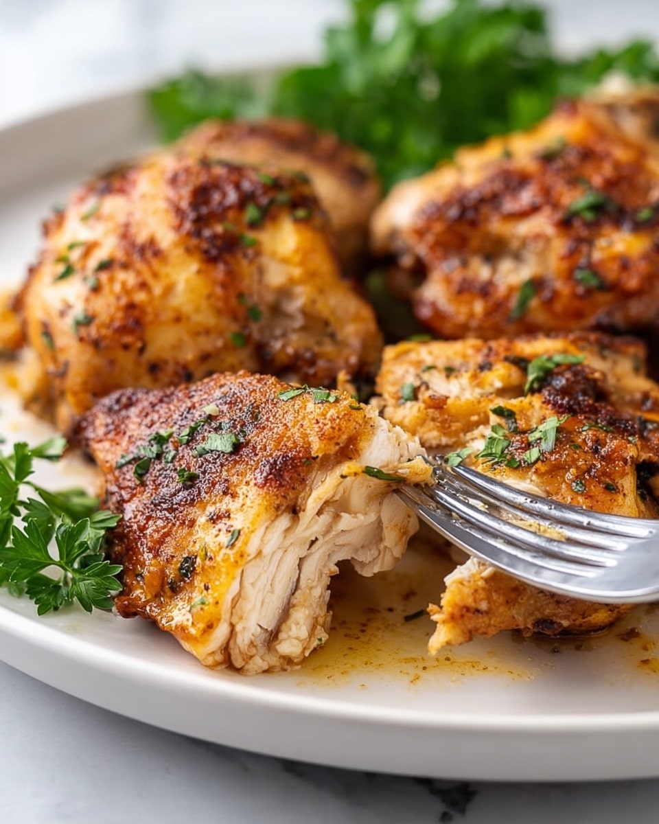 The image shows a close-up of several pieces of cooked chicken on a white plate. The chicken has a deep golden-brown color with a slightly crispy skin, sprinkled lightly with green herbs. One piece is being lifted by a silver fork, revealing tender, juicy white meat inside with a soft texture. The plate is placed on a white marbled surface, and fresh green parsley is visible near the edge of the plate. The whole scene has a warm and appetizing look. photo taken with an iphone --ar 4:5 --v 7