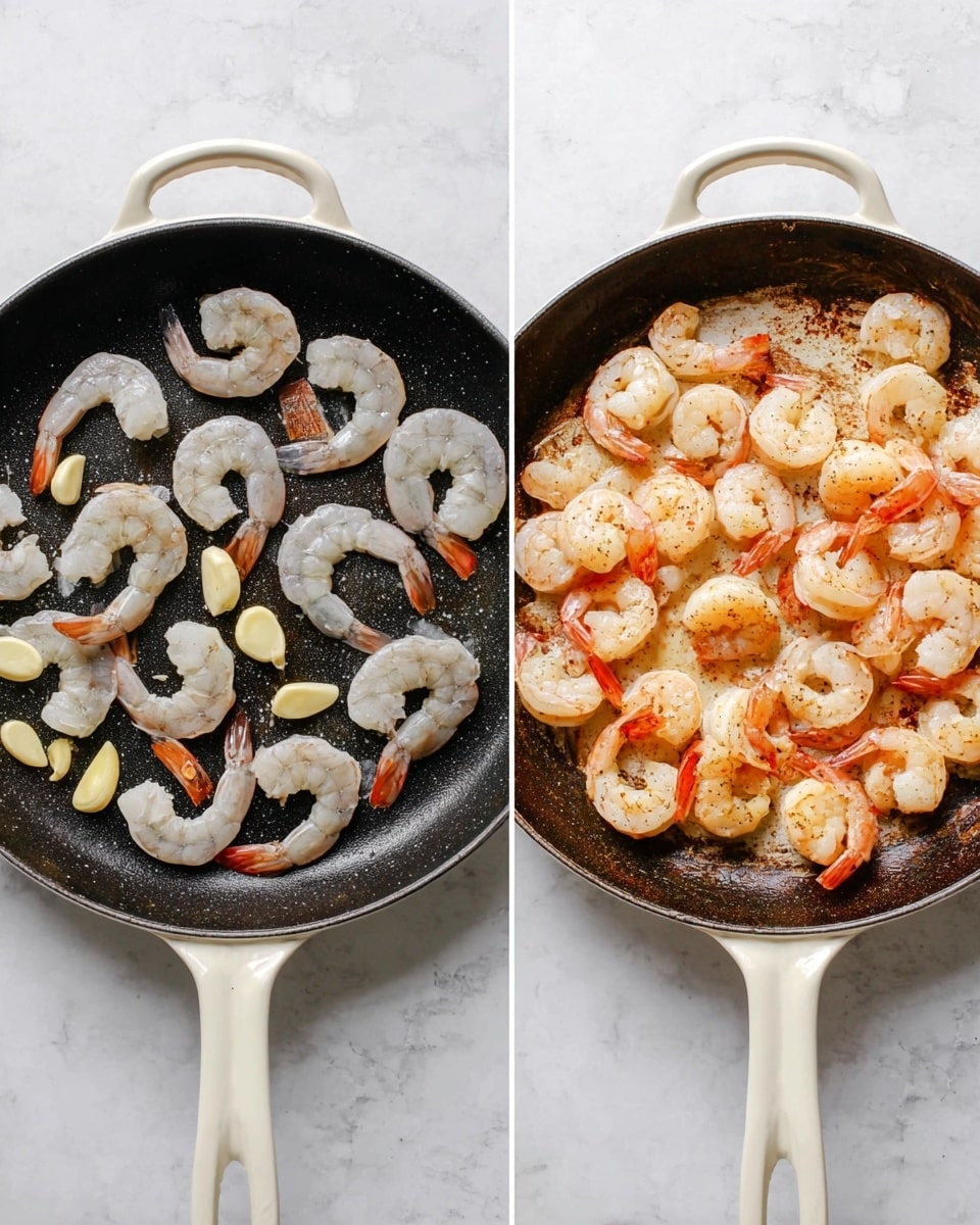 The image shows two side-by-side photos of a white-handled cast iron pan on a white marbled surface. The left photo has a single layer of raw gray shrimp with pink tails spread evenly around 6 peeled garlic cloves in the lower left area of the pan. The right photo shows a single layer of cooked shrimp that are pink and white, with light brown sear marks. The cooked garlic cloves are near the bottom left, now with a golden brown color and a soft texture. The pan surface in the right photo has a bit of browned residue from cooking. Photo taken with an iphone --ar 4:5 --v 7