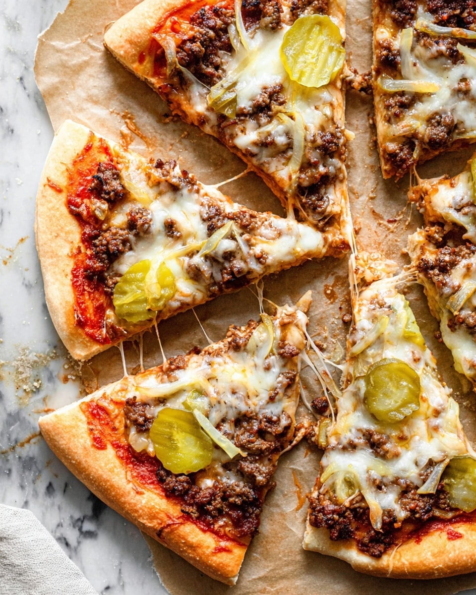 A close-up view of a pizza cut into several slices on brown parchment paper over a white marbled surface. The pizza has four main layers: a golden-brown thick crust base, a bright red tomato sauce spread evenly on the crust, a layer of melted white cheese with some brown spots on top, and scattered pieces of cooked ground beef along with pale yellow-green sliced pickles and bits of raw white onion. Some strings of melted cheese stretch between the separated slices. Photo taken with an iphone --ar 4:5 --v 7
