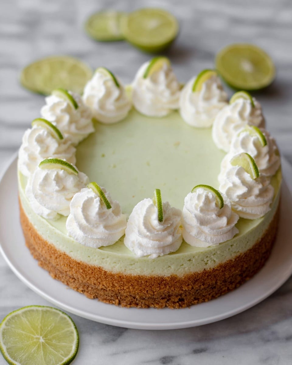 The image shows a three-layer lime cheesecake on a white plate. The bottom layer is a light brown crumbly crust. The middle layer is a smooth light green cheesecake filling, covering the whole cake evenly. The top edge has twelve dollops of white whipped cream spaced evenly in a circle. Each whipped cream dollop has a small green lime wedge inserted on the side. The cake sits on a white marbled surface with lime halves and thin lime slices around it. Photo taken with an iphone --ar 4:5 --v 7