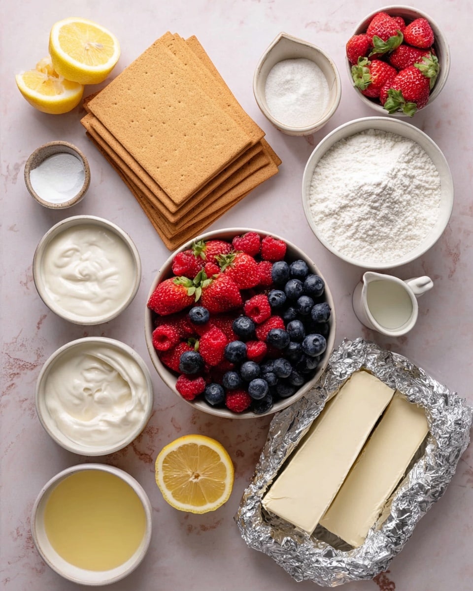 The image shows a flat lay of ingredients arranged neatly on a white marbled surface. There are three blocks of cream cheese wrapped in foil at the bottom right. Above them, a white bowl filled with powdered sugar sits to the right, and a bowl of fresh mixed berries with strawberries, blueberries, and raspberries is placed in the center. To the left of the berries, a small white bowl holds thick cream or sour cream. Multiple rectangular graham crackers are stacked in overlapping layers in the top left corner. Around these main items, there are smaller white bowls and containers with white sugar, a small pitcher of milk, a cup of vanilla extract, two lemon halves, and a small bowl of lemon juice or melted butter. The overall arrangement is clean with a soft natural light, and the colors mainly feature reds, blues, creams, and light browns photo taken with an iphone --ar 4:5 --v 7
