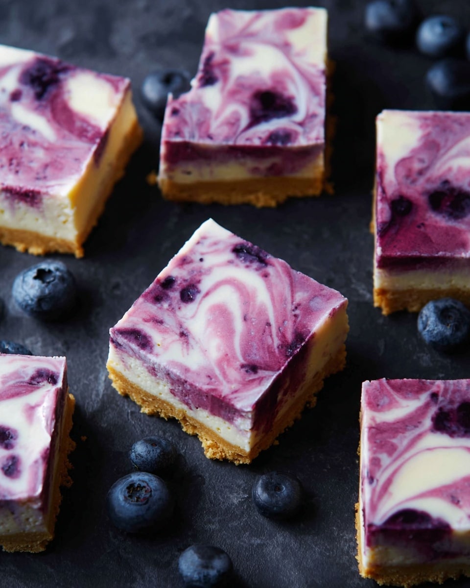 The image shows several square pieces of a dessert with two visible layers. The bottom layer is light golden brown and crumbly like a biscuit base. The top layer is thick with a creamy texture, featuring a mix of white and purple swirled together in a marbled pattern with some darker purple spots that look like berries. The pieces are placed on a dark surface with a few whole blueberries scattered around. The dessert squares have clean edges and a smooth top. photo taken with an iphone --ar 4:5 --v 7