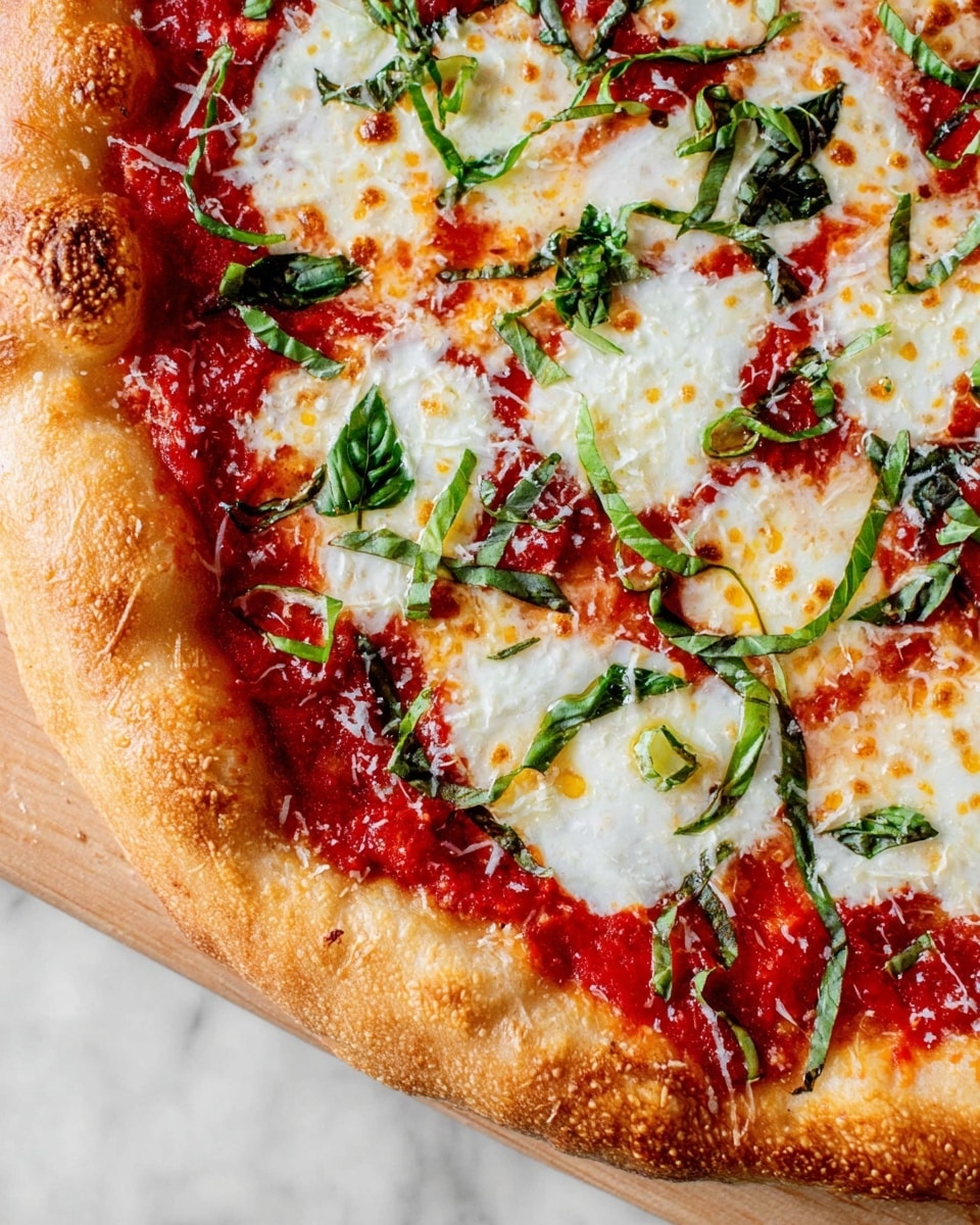 The image shows a close-up of a pizza with one visible layer of a golden-brown crust that is slightly thick and crispy at the edges. On top of the crust is a spread of bright red tomato sauce giving a rich and smooth look. Over the sauce, there is an uneven layer of melted white mozzarella cheese with some golden brown spots for a baked texture. Scattered irregularly across the cheese are thin strips of fresh green basil leaves, adding color contrast and a fresh texture. The pizza is shown on a wooden surface but the background is changed to a white marbled texture. photo taken with an iphone --ar 4:5 --v 7