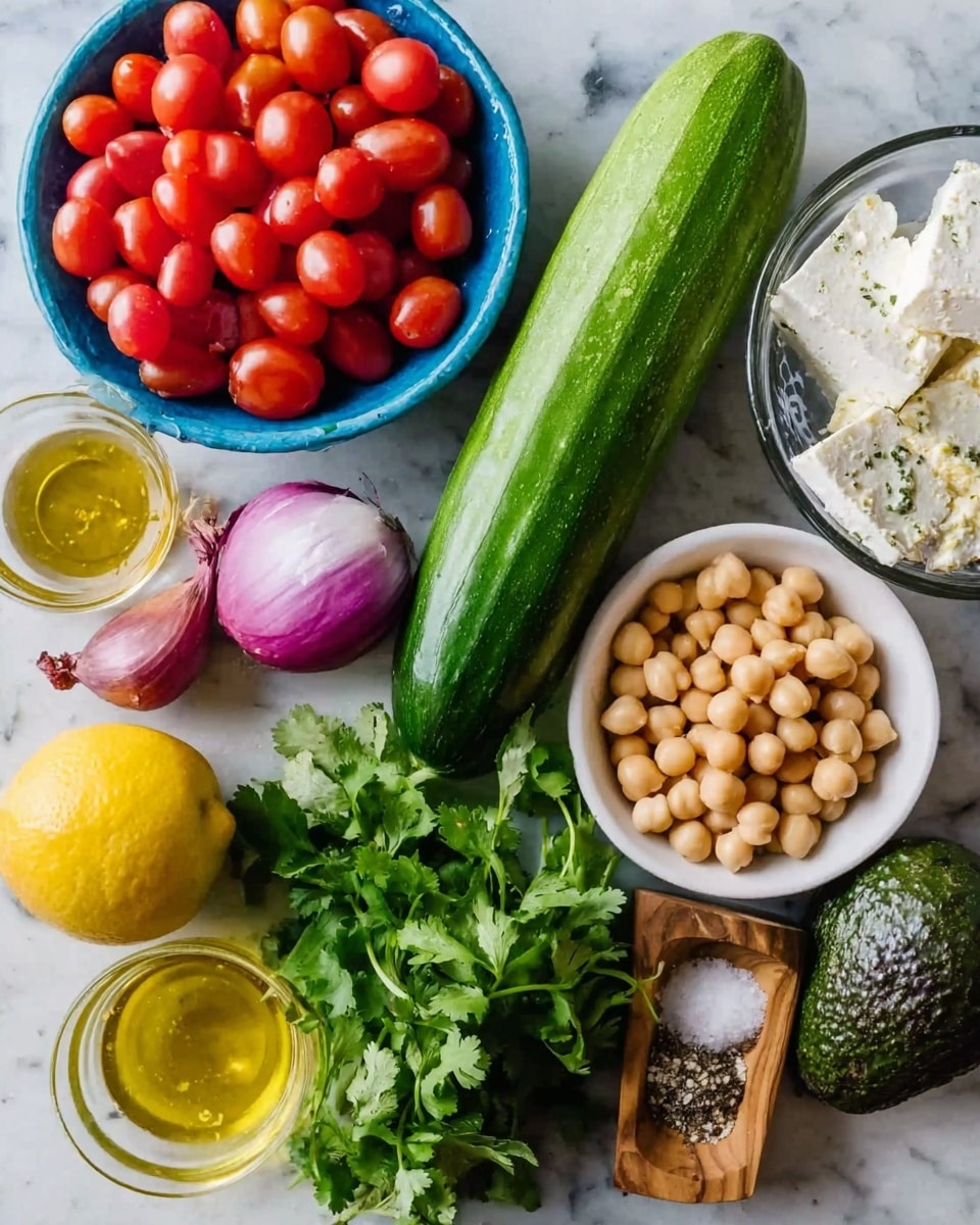 The image shows an arrangement of fresh ingredients on a white marbled surface. There is a large long green cucumber placed diagonally near the center, with a bunch of bright green cilantro leaves just below it. To the right, a small white bowl filled with light beige chickpeas is seen, and above it, a block of white feta cheese rests inside a blue bowl. On the left side, a clear bowl holds many red cherry tomatoes, next to a whole purple onion placed near the top. Below the tomatoes, there is a yellow lemon, a small clear cup filled with golden olive oil, a dark green avocado, and a small wooden bowl with salt and pepper near the center. photo taken with an iphone --ar 4:5 --v 7