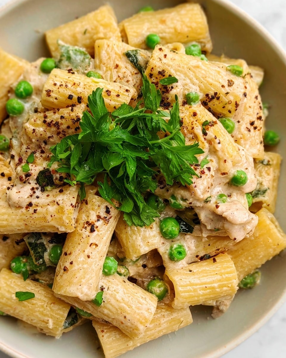 The dish shows a close-up of rigatoni pasta mixed with a creamy sauce that coats each tube-shaped noodle in a light beige color. Scattered throughout the pasta are small, bright green peas and bits of dark green zucchini pieces. On top, there is a sprinkling of cracked black pepper and a small bunch of fresh parsley leaves in the center, adding a vivid green contrast. The pasta and vegetables appear glossy from the sauce, and the whole dish is presented on a white bowl on a white marbled surface photo taken with an iphone --ar 4:5 --v 7