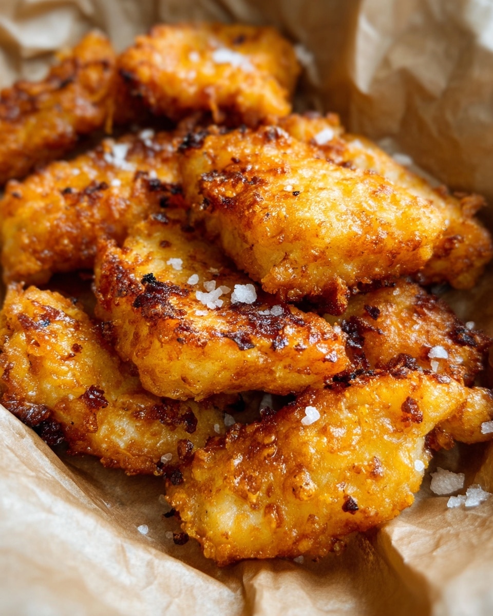 The image shows several pieces of golden brown fried food with a crunchy, crispy texture, stacked closely together. Each piece has a rough, uneven surface with small dark charred spots and garnished with coarse white salt flakes. The fried pieces are sitting on light brown crumpled paper that lines an unseen container. The color contrast between the warm golden fried food and the light brown paper is clear, with the focus on the food's crunchy texture. photo taken with an iphone --ar 4:5 --v 7