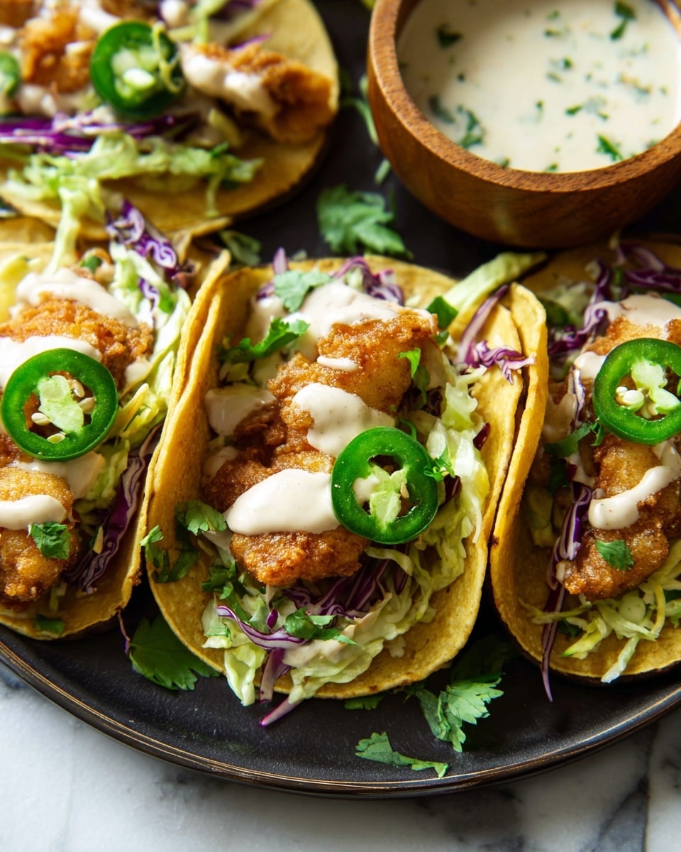 The image shows three soft yellow corn tortilla tacos on a dark plate set on a white marbled surface. Each taco has a base layer of creamy light beige sauce, followed by crispy browned fried fish with a crunchy texture in the center. There are thin slices of bright green jalapeño peppers and fresh green leafy cilantro scattered over the fish. Purple cabbage shreds and light green shredded lettuce are layered next to the fish, adding a crunchy texture and vivid color contrast. In the background, there is a small wooden bowl filled with white sauce speckled with green herbs. The scene is close up and clear. Photo taken with an iphone --ar 4:5 --v 7