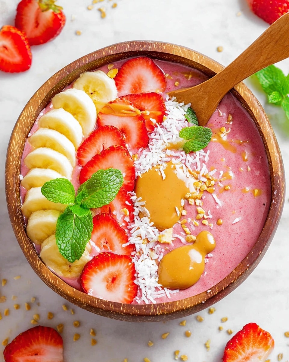 A wooden bowl filled with a thick pink smoothie forms the base layer, with a layer of thin banana slices on the left side creating a soft yellow arc. On top of the smoothie, halved strawberries with bright red and white interiors are placed in a row next to the bananas. There are small white sprinkles scattered over the smoothie along with light shredded coconut, and a drizzle of smooth golden peanut butter in the center, which also has a small dollop of peanut butter. Fresh green mint leaves sit on top near the fruit. A wooden spoon is partially dipped into the smoothie at the right edge of the bowl. The bowl rests on a white marbled surface with scattered strawberry halves and small seeds around. Photo taken with an iphone --ar 4:5 --v 7