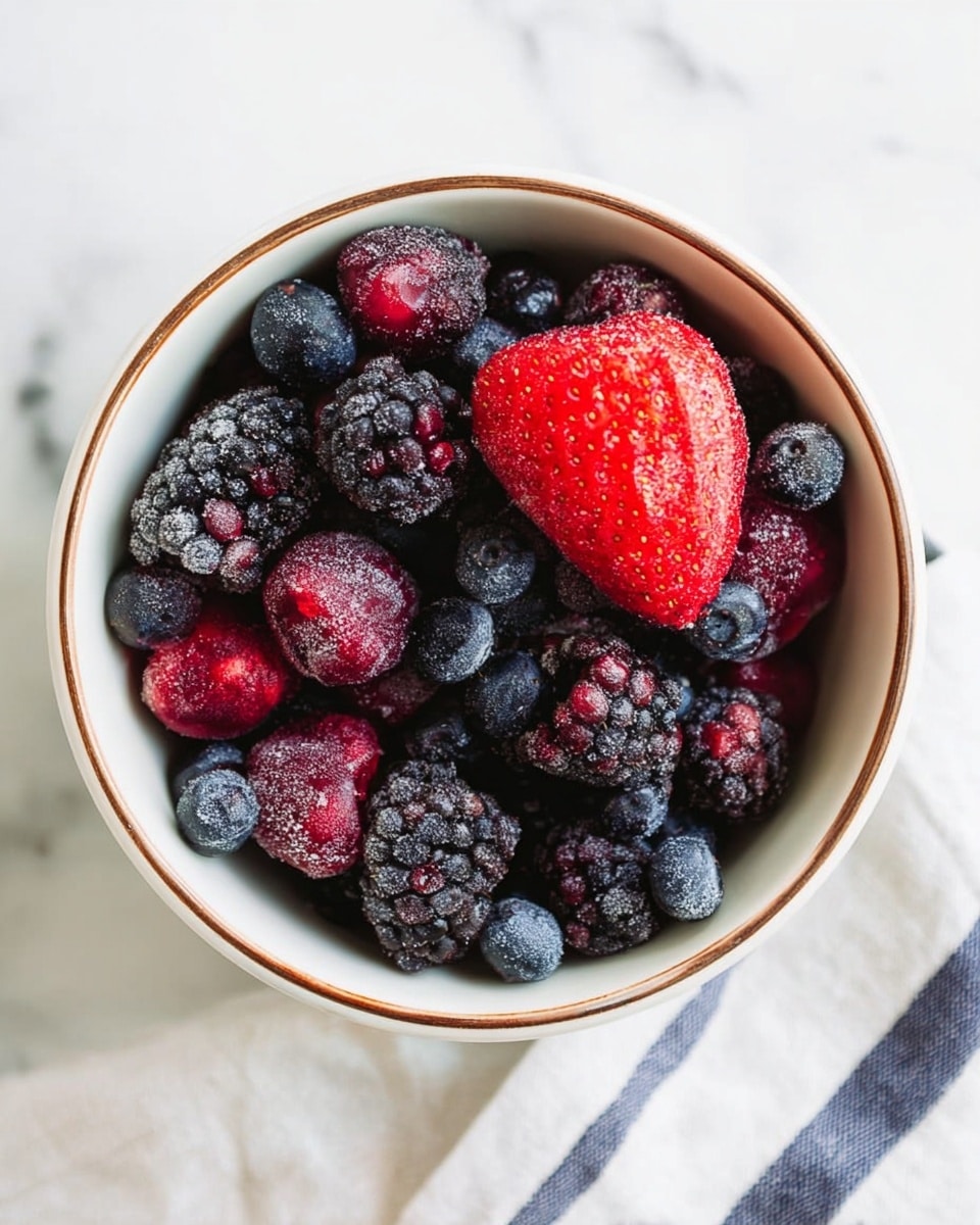 A white bowl with a thin brown rim is filled with a mix of frozen berries, showing one large bright red strawberry piece on the top right, surrounded by many dark purple-black blackberries and small round blueberries. The berries have a frosty texture that makes them look cold. The bowl is placed on a white marbled surface with a white cloth that has dark blue stripes folded nearby. Photo taken with an iphone --ar 4:5 --v 7