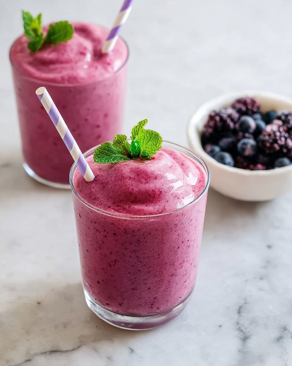 Two clear glasses filled with a thick, pinkish-purple smoothie that has a smooth and creamy texture with small berry speckles. The front glass is topped with a fresh green mint sprig and a white and purple striped paper straw, with the smoothie slightly overflowing and rounded at the top. The second glass is behind the first, showing a similar texture and color. On the right side, there is a white bowl filled with dark purple and black berries. The entire scene is set on a white marbled surface. photo taken with an iphone --ar 4:5 --v 7