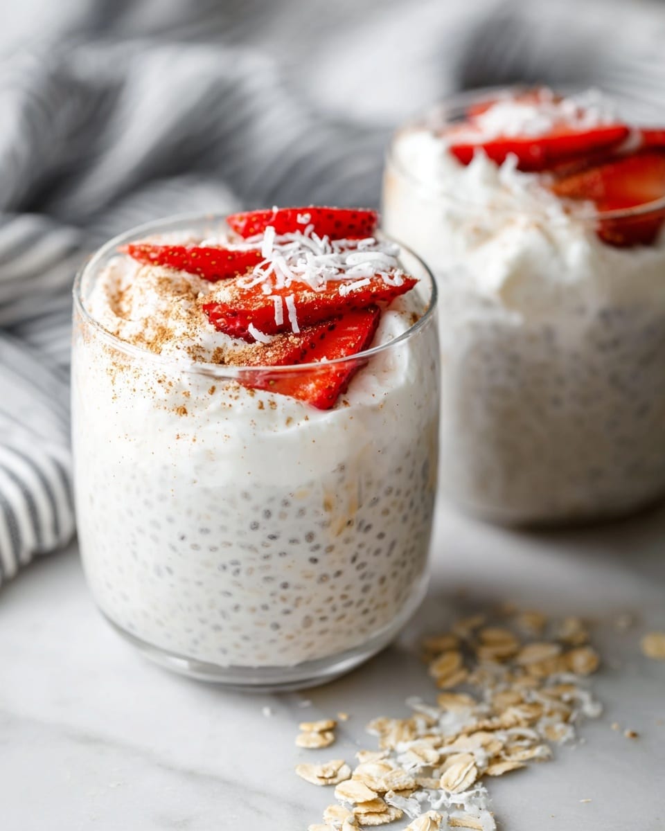 Two clear glass cups hold a creamy, white chia pudding mixed with tiny black chia seeds filling most of the cup. On top of the pudding is a thick layer of white whipped cream, sprinkled with finely shredded white coconut flakes and a dusting of light brown cinnamon powder. Resting on the whipped cream are thin red strawberry slices that add a splash of bright color. The cups are placed on a white marbled surface, with some scattered rolled oats in the foreground. A soft, blurred, striped cloth is in the background, adding a cozy feel. photo taken with an iphone --ar 4:5 --v 7