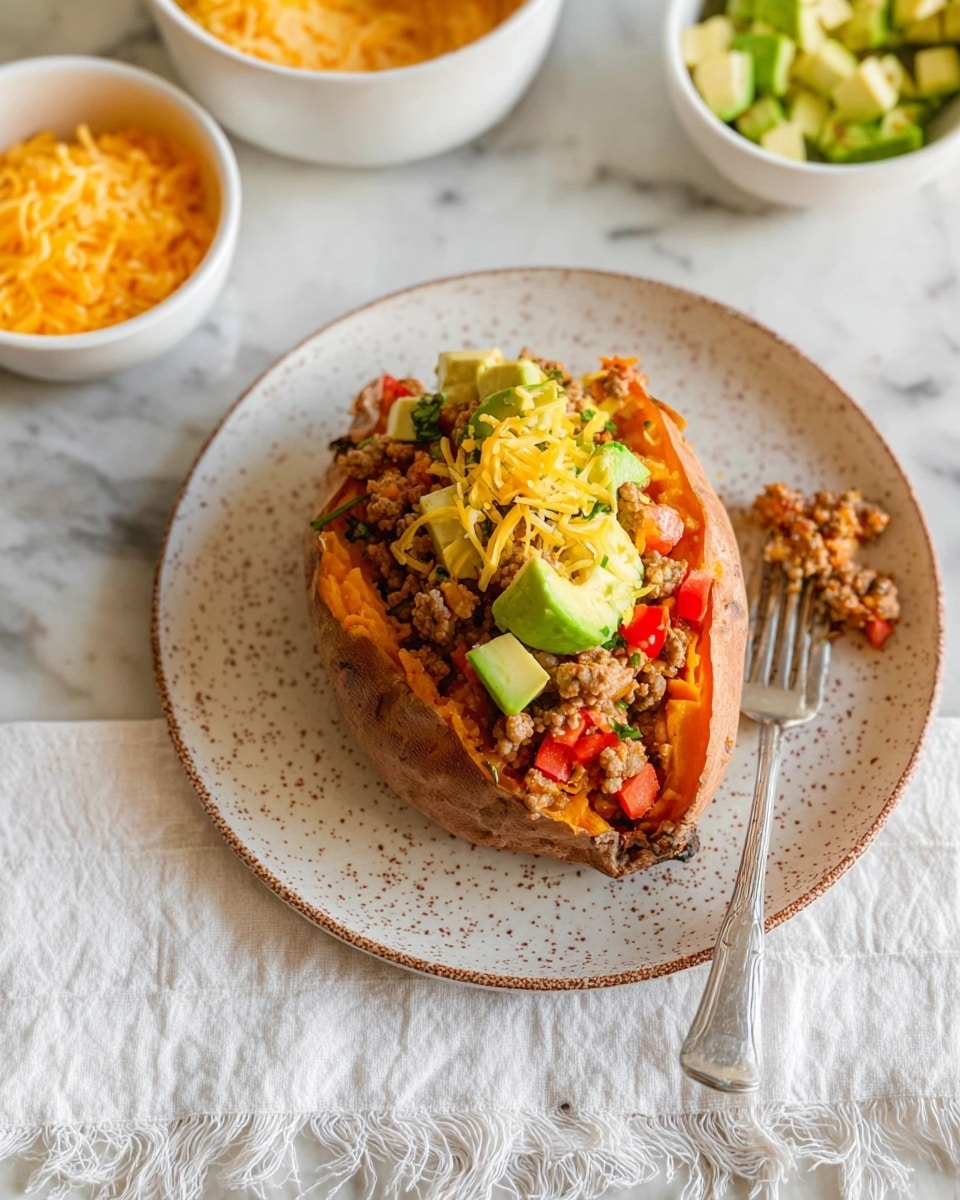 A baked sweet potato lies open on a white plate with a speckled brown pattern, filled with a layered mix starting with soft, bright orange sweet potato flesh, followed by crumbly seasoned ground meat mixed with small pieces of red bell pepper and translucent onions, topped with chunks of light green avocado and sprinkled with shredded yellow cheddar cheese. A silver fork rests inside the potato. Nearby, two white bowls hold extra shredded cheddar cheese and diced avocado. The background shows a white marbled surface and a white cloth with frayed edges below the plate. Photo taken with an iphone --ar 4:5 --v 7