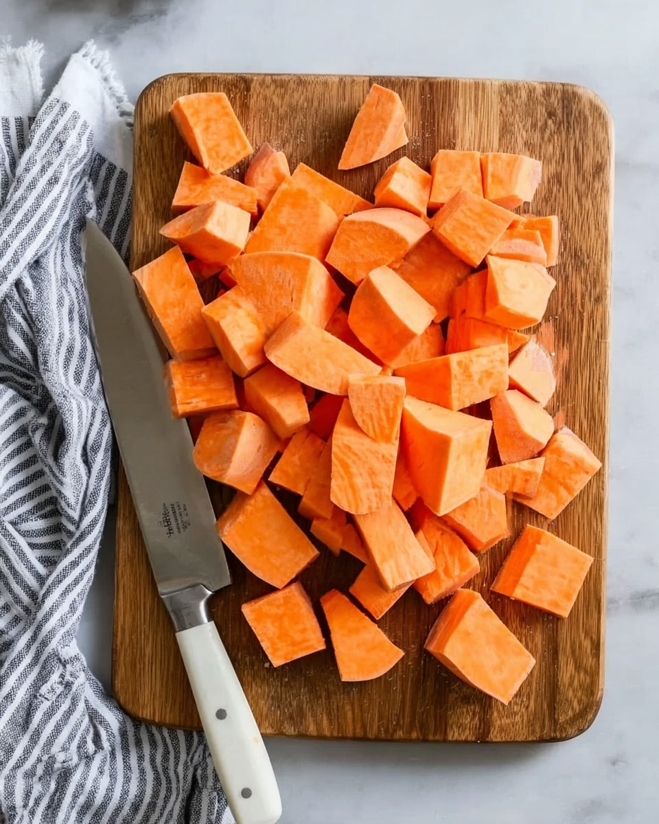 A wooden cutting board sits on a white marbled surface, holding many chunks of bright orange sweet potato. The sweet potato pieces are cut into irregular thick cubes and wedge shapes, scattered evenly across the board. A large knife with a white handle rests flat on the bottom left side of the board, blade facing the sweet potatoes. A woman's hand towel with gray and white stripes is partially visible on the left edge of the image. Photo taken with an iphone --ar 4:5 --v 7