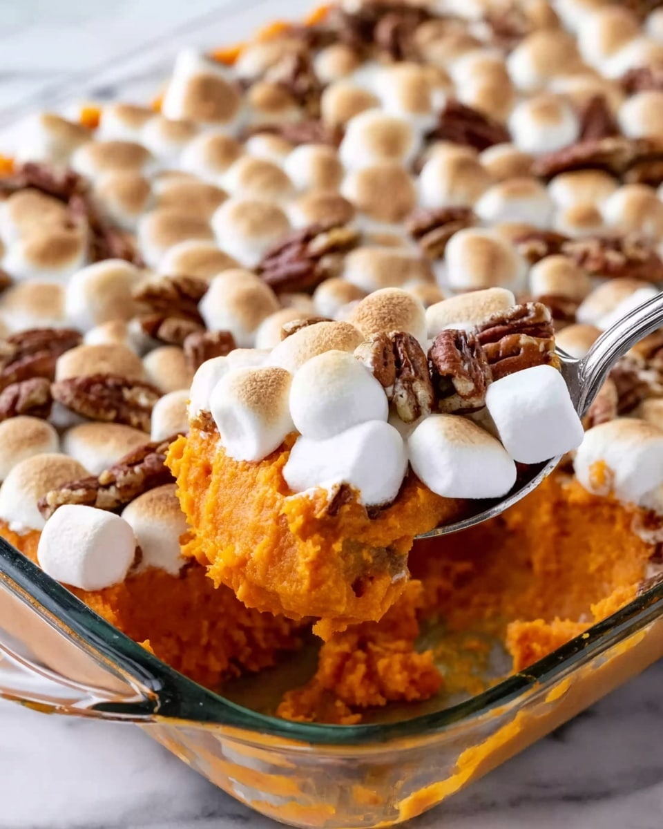 A close-up view of a glass baking dish filled with a layered sweet potato casserole. The bottom layer is smooth and bright orange sweet potato mash. On top, there is a layer of golden toasted mini marshmallows covering the whole dish, with some pecan nuts scattered around evenly. A silver spoon is scooping a portion from one corner, lifting the sweet potato mash and marshmallows, revealing the texture inside. The dish is placed on a white marbled surface. photo taken with an iphone --ar 4:5 --v 7