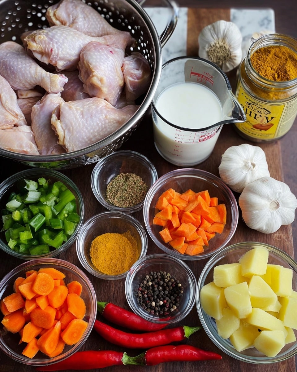 The image shows a variety of raw ingredients arranged neatly on a dark wooden table with a white marbled background. In the center is a large metal colander holding several raw chicken pieces with pale pink skin. Around the colander are clear glass bowls containing different chopped vegetables: orange carrot slices, green bell pepper chunks, white onion pieces, yellow potato chunks, and minced garlic. There is a clear measuring cup filled with white milk or cream. Multiple small clear glass bowls hold a mix of spices, including a reddish powder, bright yellow curry powder, black peppercorns, and a dark liquid sauce. Fresh red chili peppers and a bulb of white garlic are placed beside the bowls. In the top right corner, there is a glass jar labeled