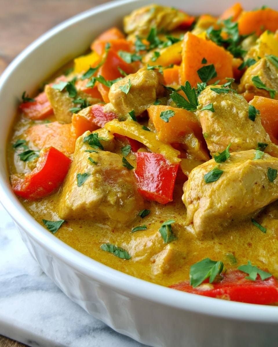 The image shows a close-up of a white oval dish filled with creamy curry made of light golden sauce with soft pieces of cooked chicken, along with chunks of bright red and yellow bell peppers, and orange carrot pieces. Fresh green parsley leaves are sprinkled on top, adding a touch of color contrast. The dish rests on a white marbled surface, highlighting the vibrant colors and creamy texture of the curry. Photo taken with an iphone --ar 4:5 --v 7