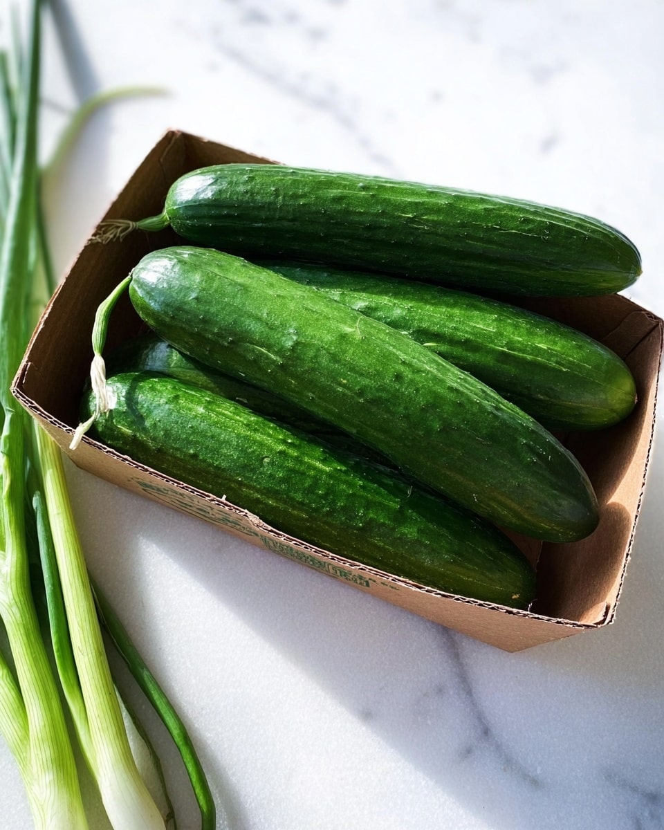 A small brown cardboard tray holds five dark green cucumbers that are long and smooth, arranged neatly with some cucumber stems still attached. To the left of the tray, bright green onion stalks lie on a white marbled surface, adding a fresh touch to the scene. The lighting highlights the vegetables' natural textures and vibrant colors. photo taken with an iphone --ar 4:5 --v 7