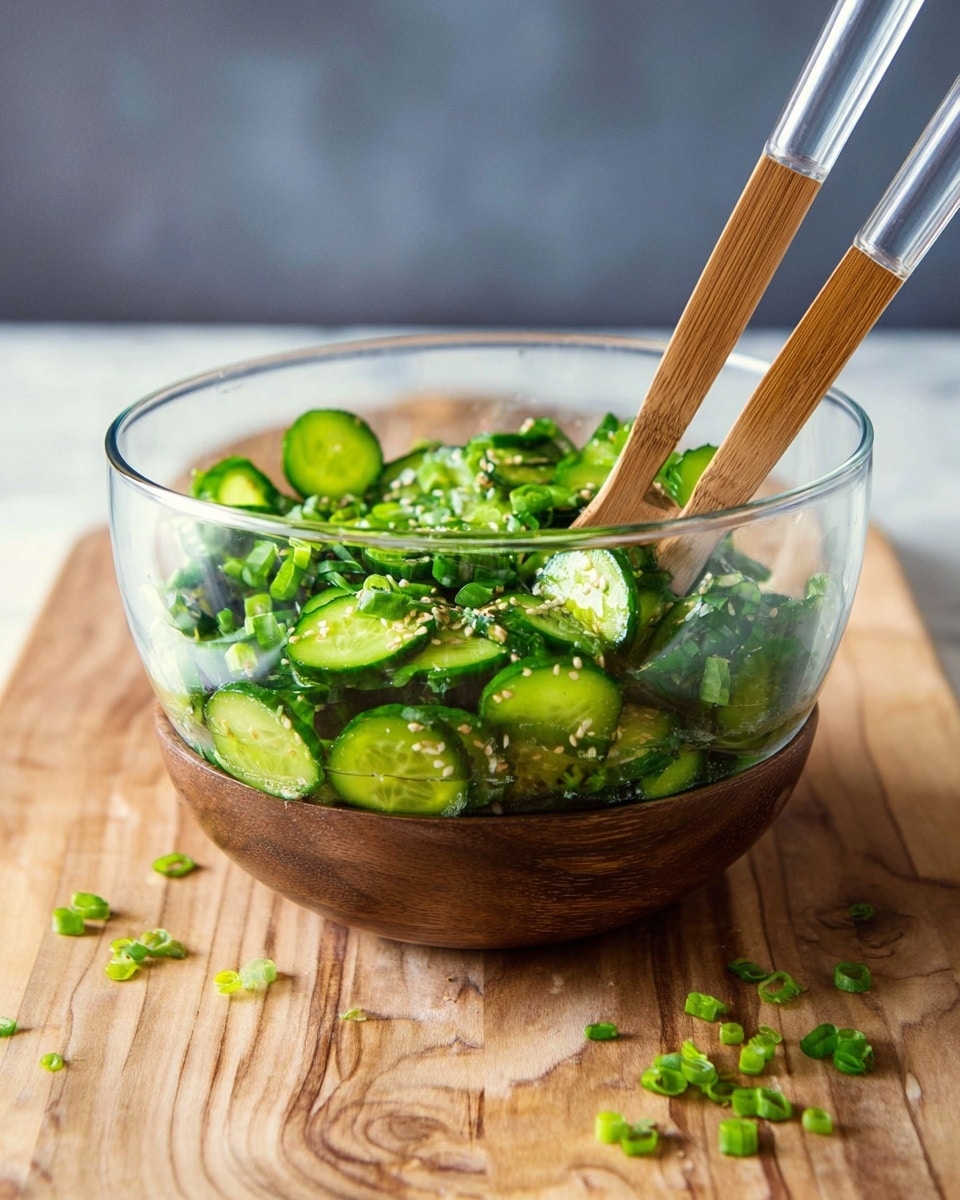 A clear round glass bowl with a wooden base holds a fresh cucumber salad. The salad has bright green cucumber slices mixed with light green chopped scallions and sprinkled with small pale sesame seeds. Two wooden spoons with clear handles stand inside the bowl, one showing a woman's hand holding it. Some chopped scallions are scattered on the natural wooden surface below the bowl, which is on a white marbled background. Photo taken with an iphone --ar 4:5 --v 7