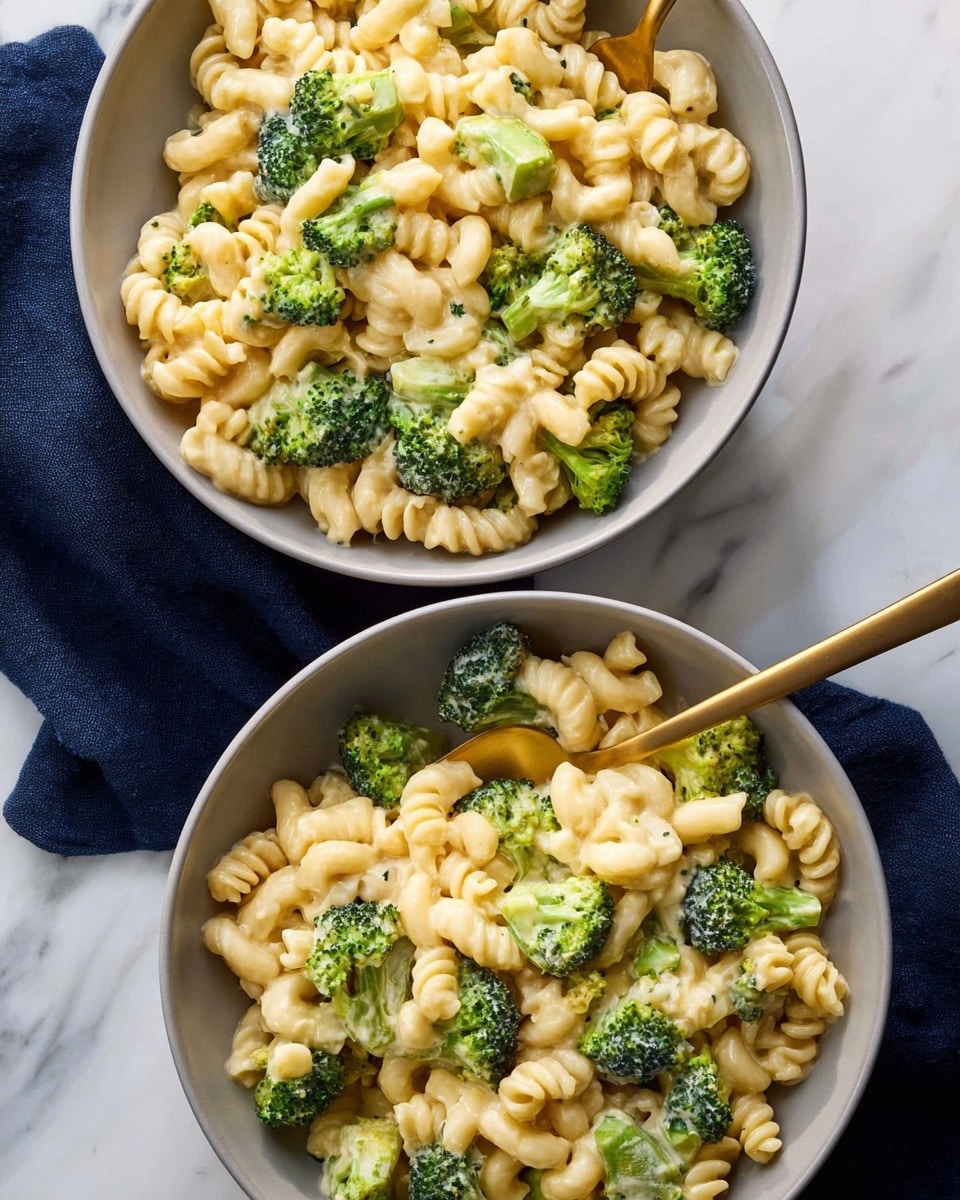 Two white bowls filled with creamy macaroni and cheese mixed with bright green broccoli florets. The pasta is spiral-shaped and pale yellow, coated in a smooth, cheesy sauce. The broccoli pieces are scattered evenly among the pasta, showing their rich green color and firm texture. A gold spoon stands upright in the top bowl, partially submerged in the pasta. Both bowls rest on a white marbled surface with a dark blue cloth nearby. Photo taken with an iphone --ar 4:5 --v 7