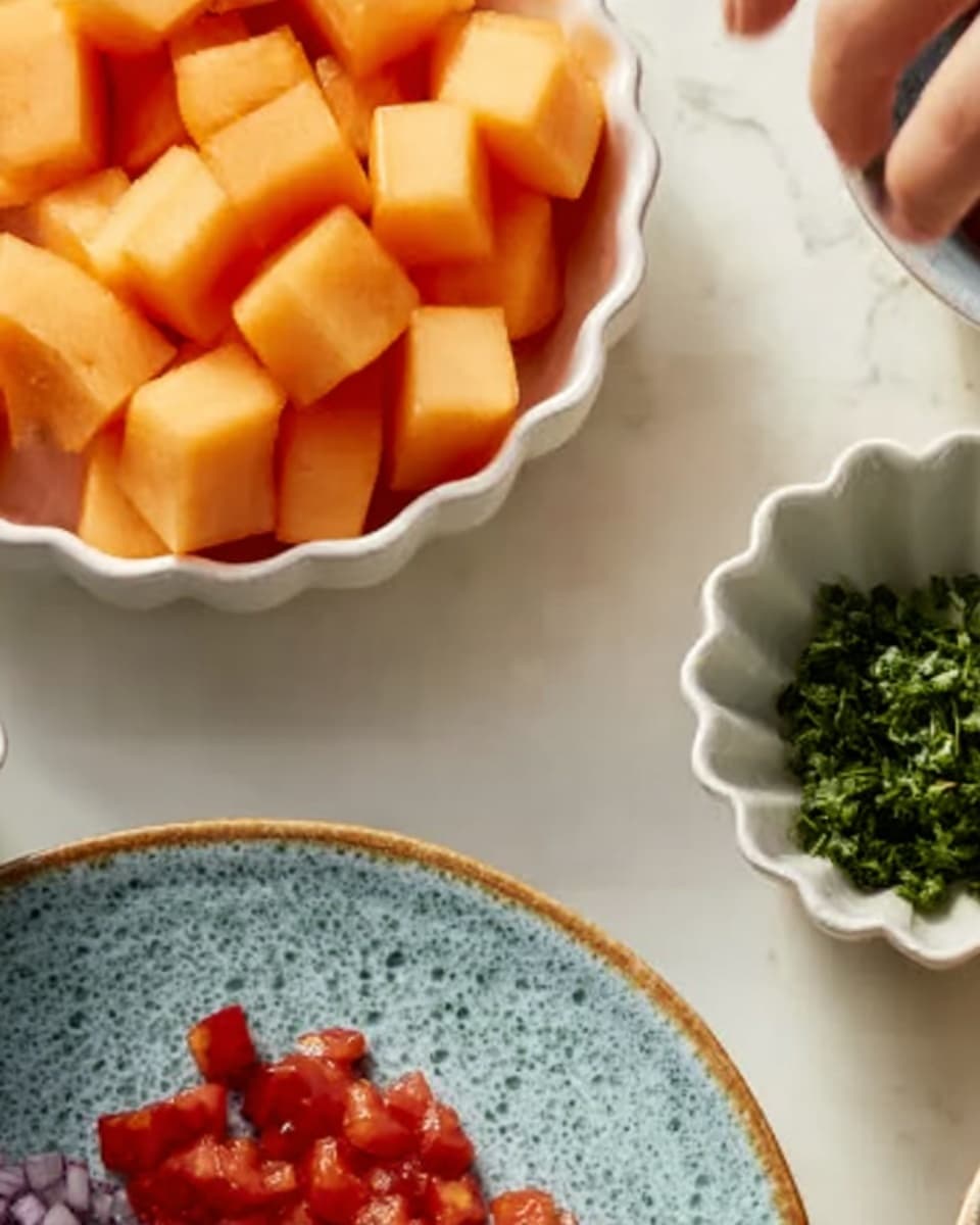 The image shows a close-up of several white bowls on a white marbled surface. One bowl is filled with small orange cubes, likely cantaloupe, displaying a smooth texture and bright color. Another white, scalloped bowl contains a green herb mix with a slightly rough, leafy texture. Part of a blue and brown speckled ceramic plate is visible with small red diced pieces, possibly tomatoes, showing a juicy and fresh texture. A woman's hand is gently touching or holding one of the items, adding a human element to the scene. photo taken with an iphone --ar 4:5 --v 7