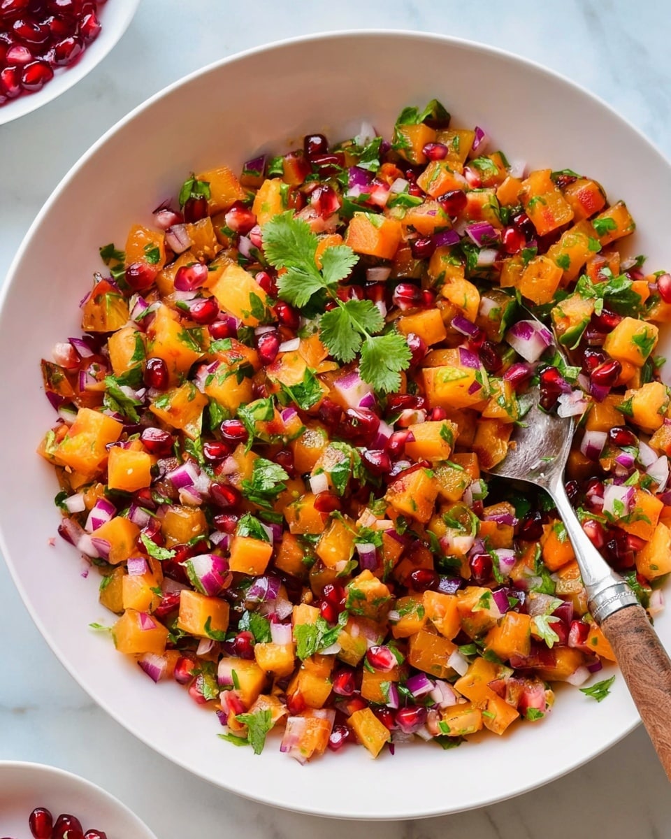 A large white bowl filled with a bright, colorful salsa made of small cubed orange pieces, red pomegranate seeds, finely chopped red onion, green herbs, and small bits of red and green peppers mixed evenly throughout. Fresh cilantro leaves are scattered generously on top. A silver spoon with a wooden handle rests inside the bowl, partially covered by the salsa. The bowl is set on a white marbled surface with a soft, natural light highlighting the vivid colors of the ingredients. Photo taken with an iphone --ar 4:5 --v 7