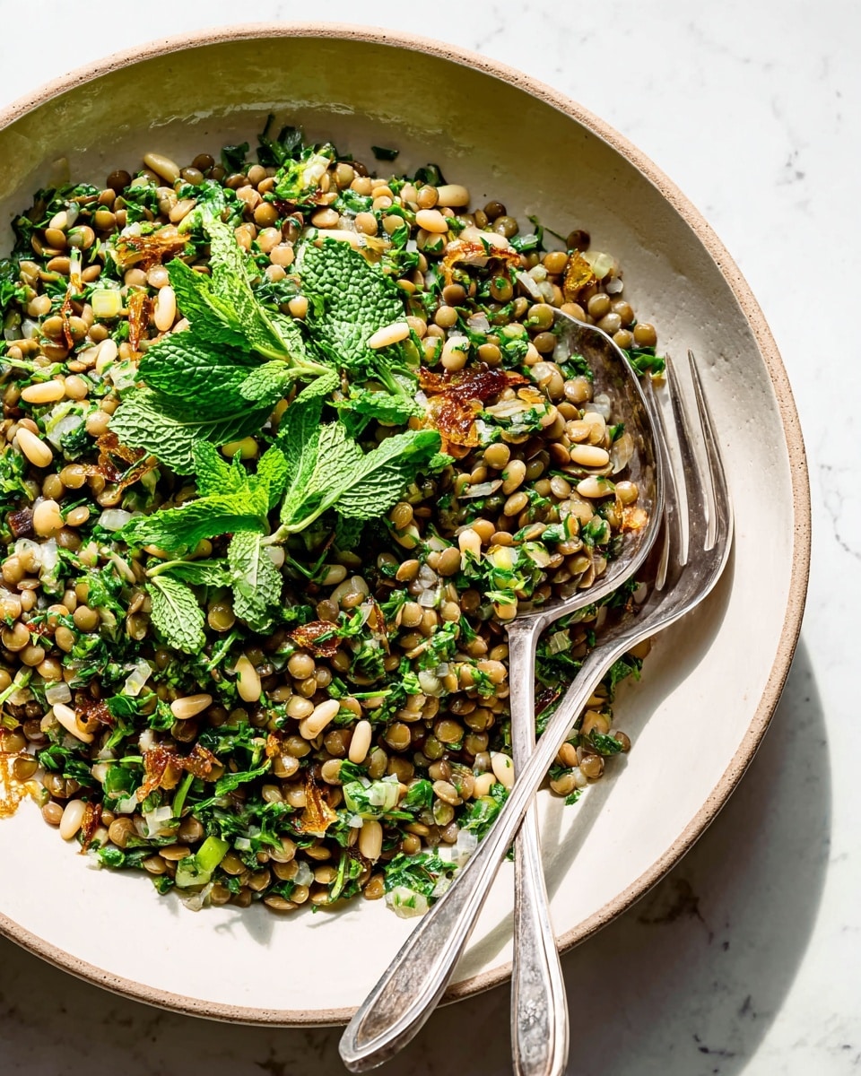 The image shows a bowl of lentil salad with at least three layers visible. The bottom layer consists of a mix of cooked green lentils and pale yellow pine nuts. Above that, there is a layer of chopped fresh green herbs like parsley and mint, adding brightness and texture. Scattered throughout are small pieces of golden-brown cooked onions or garlic, giving a slightly crispy texture. Two silver forks rest inside the white bowl on the right side, and the whole bowl sits on a white marbled surface. The light is natural and bright, highlighting the fresh colors of the salad, photo taken with an iphone --ar 4:5 --v 7
