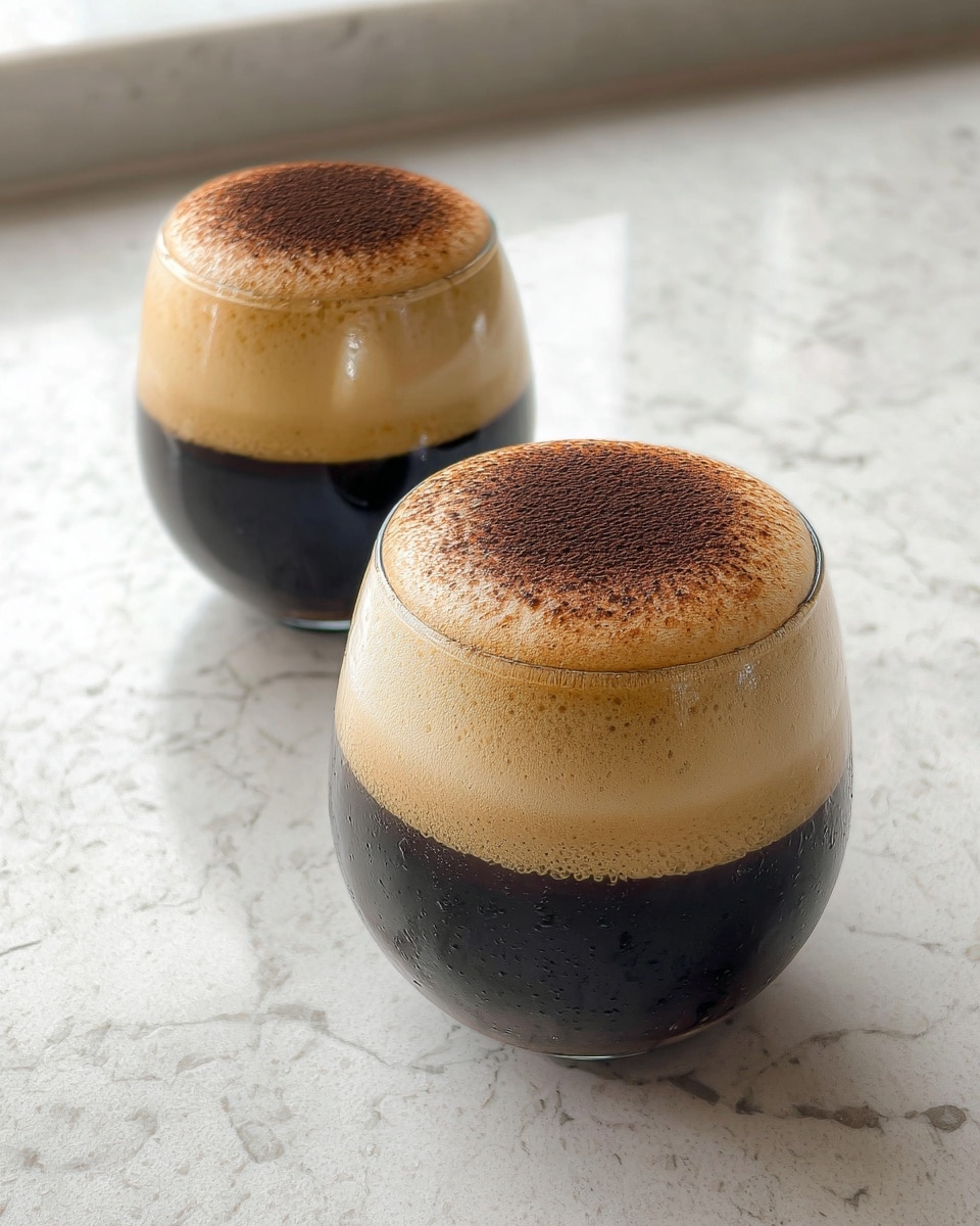 Two clear rounded glasses sit on a white marbled surface, each filled with two layers: a dark liquid base that fills about two thirds of the glass, topped with a thick beige foam layer covering the top third. The foam is dusted evenly with a fine layer of brown powder, giving a textured finish on top. The drinks are positioned close together with soft natural light creating subtle highlights on the surface of the glasses. photo taken with an iphone --ar 4:5 --v 7
