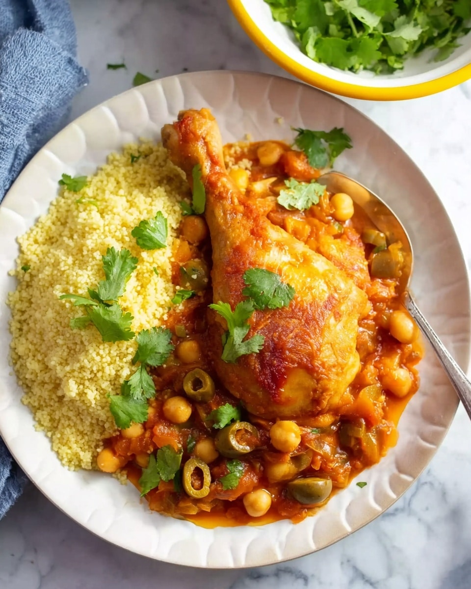 A white plate holds a meal with three main layers: on the left, light yellow fluffy couscous; on the right, a rich orange chickpea and vegetable stew with visible chickpeas and sliced green olives in a thick sauce; in the center on top, a golden brown cooked chicken drumstick with crispy skin. Bright green cilantro leaves are scattered over all parts of the dish. The plate rests on a white marbled texture surface, with a silver spoon partially under the stew on the right side. In the background, a yellow rimmed white bowl with more green cilantro adds a fresh touch. photo taken with an iphone --ar 4:5 --v 7