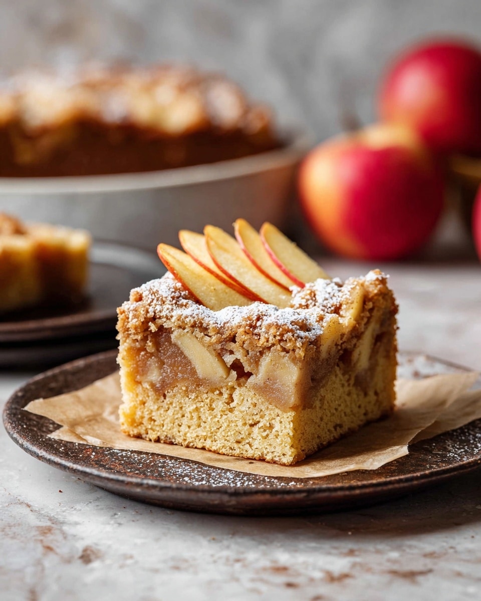 A close-up of a single square slice of apple cake with three thin, light yellow apple slices fanned out on top and dusted with powdered sugar. The cake has two visible layers: a dense, moist light brown bottom layer with a soft crumb texture, and a slightly lighter, fruit-filled top layer with baked apple pieces and a crumbly surface. The cake is placed on light brown parchment paper on a rustic dark metal plate, set on a white marbled surface. In the background, there are red apples in a white bowl and another blurred piece of cake on a dark plate. The photo taken with an iphone --ar 4:5 --v 7