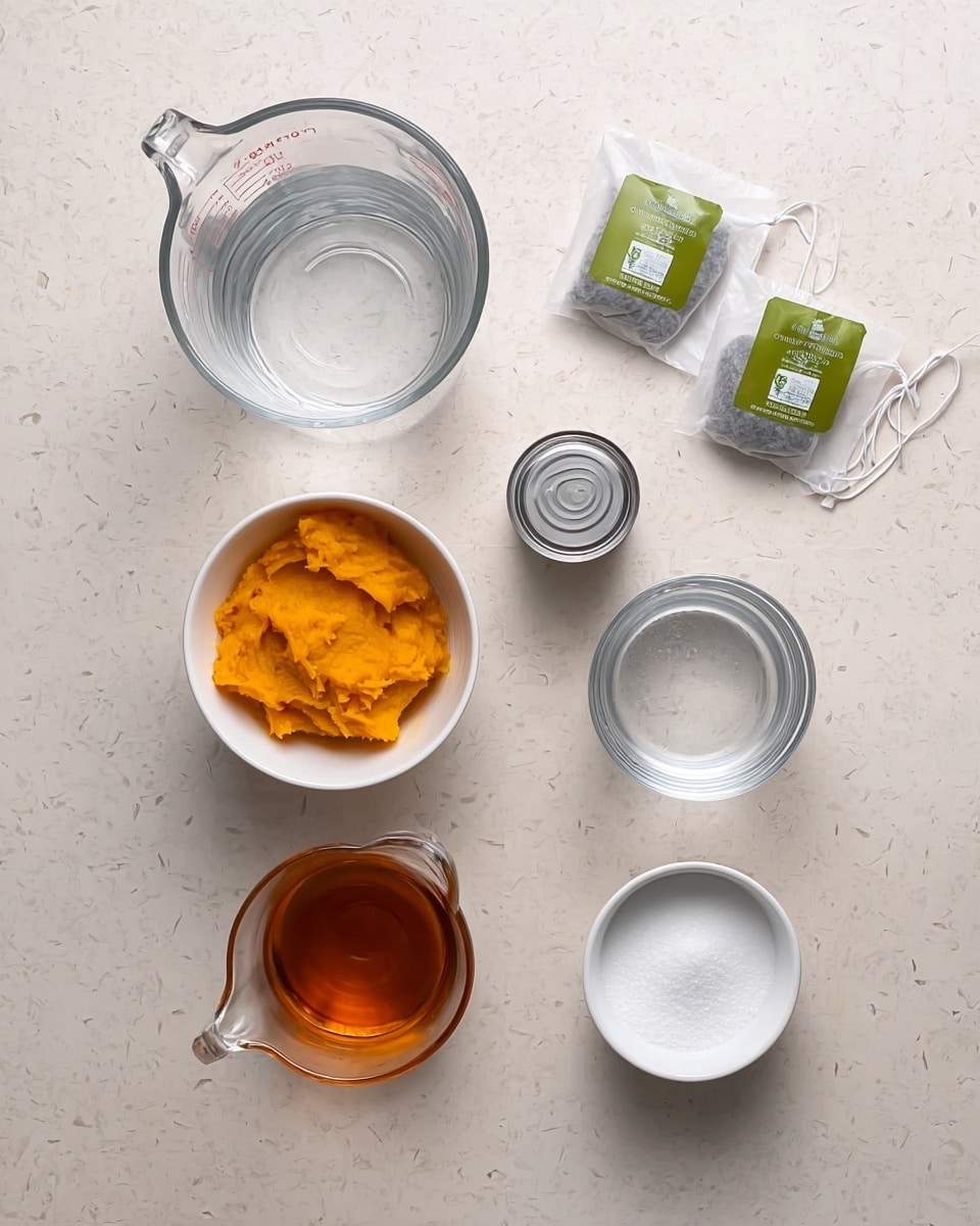 The image shows ingredients arranged neatly on a white marbled surface. At the top left, there is a large clear glass measuring cup filled with water, and to its right are two organic tea bags with green tags and white strings spread out. Below the tea bags and slightly to the left is a white bowl filled with bright orange pumpkin puree. Next to the pumpkin puree, there is another clear glass measuring cup also filled with water, placed to the right. Below these items, a small clear glass pitcher holds amber-colored maple syrup, while a closed metal can rests in the center. To the far right at the bottom, a white bowl is filled with white granulated sugar. All items are spaced to show all ingredients clearly, arranged with simple, clean lines. photo taken with an iphone --ar 4:5 --v 7