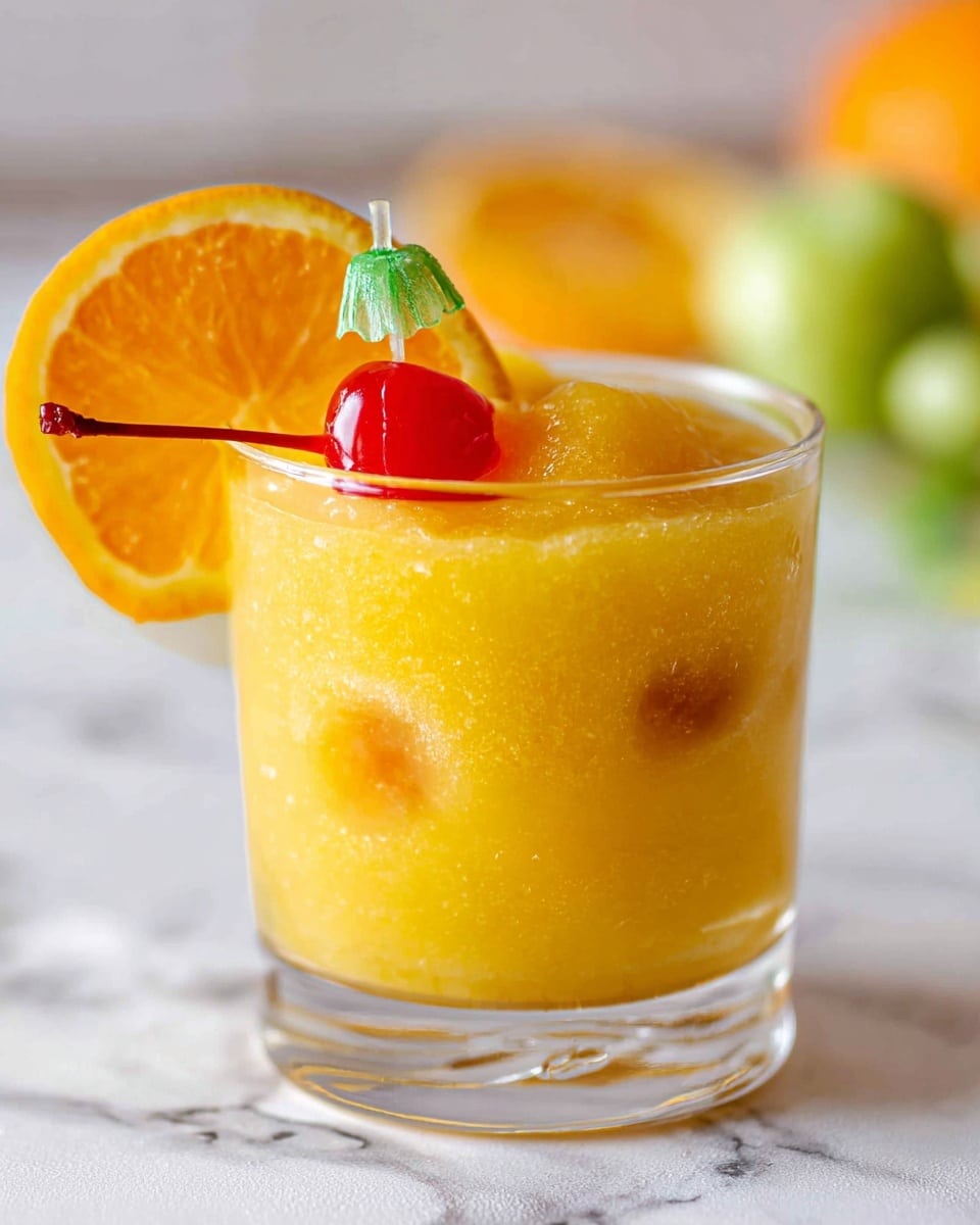 A clear short glass filled with a thick yellow slushy drink showing bubbles and icy texture, garnished on the rim with a bright orange slice and a red cherry pierced by a small stick topped with a green leaf decoration, all set against a white marbled surface and a soft light background, photo taken with an iphone --ar 4:5 --v 7