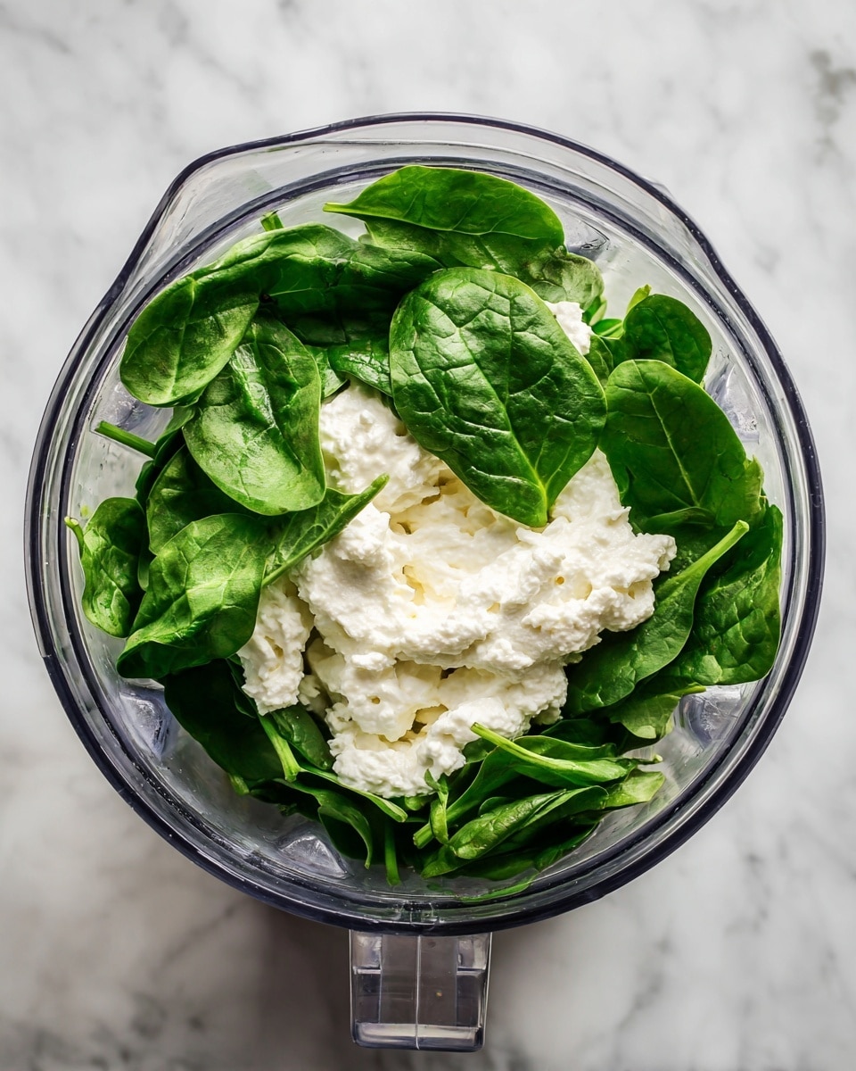 The image shows a clear blender container filled with fresh baby spinach leaves on top of a base layer of thick white ricotta cheese. The spinach leaves are bright green and textured with visible veins, and the ricotta cheese underneath appears creamy and slightly crumbly with some light yellow spots. The blender is placed on a white marbled surface. Photo taken with an iphone --ar 4:5 --v 7