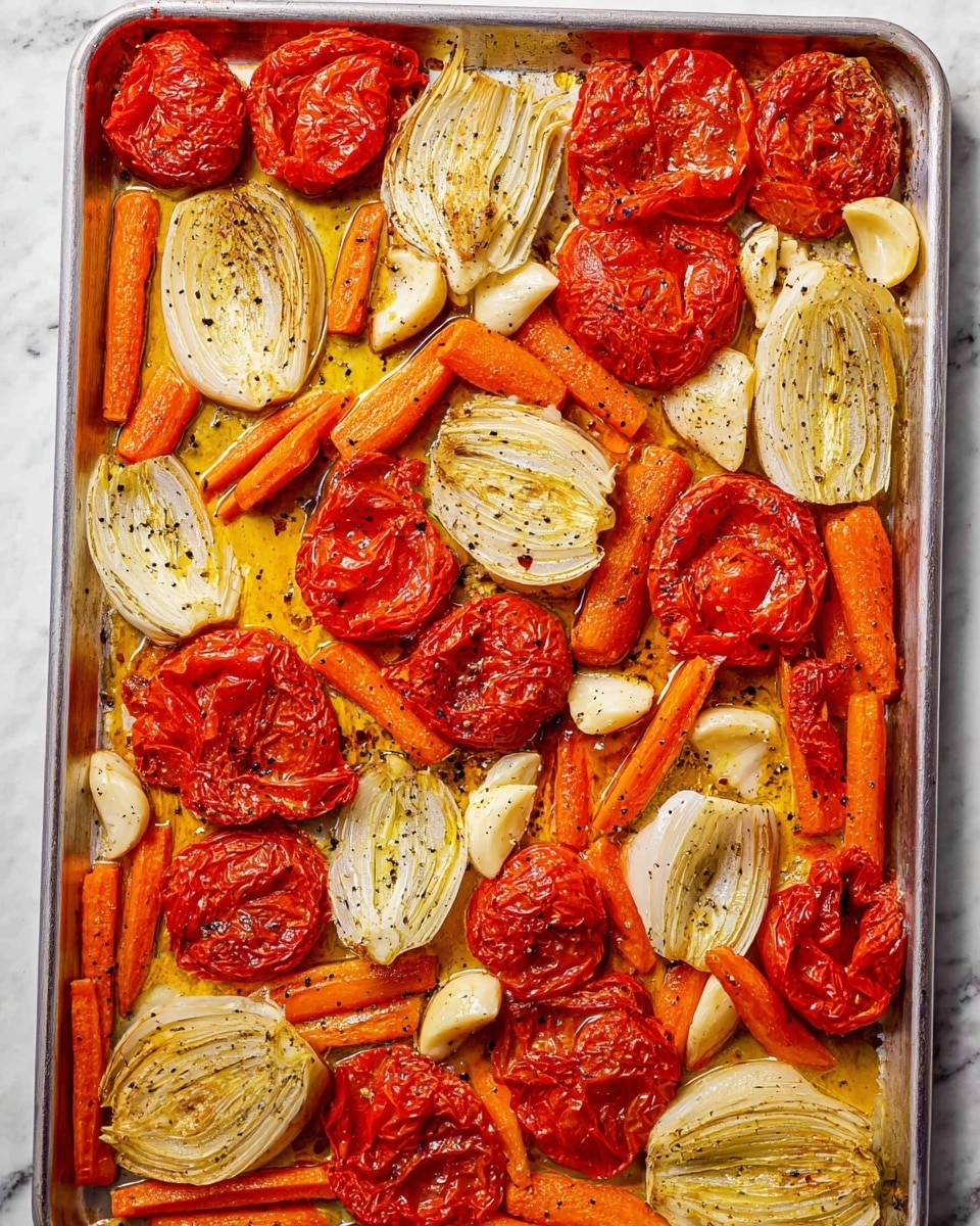 A tray full of cooked vegetables lies flat, showing bright red roasted tomato halves spread evenly in the center and sides, with their wrinkled, slightly charred skins. Between the tomatoes, thick slices of pale yellow onion are places, their layers slightly curled and browned with black pepper sprinkled on top. Among the onions and tomatoes are short, thick carrot pieces in a warm orange color, with some roasted brown spots. Small whole garlic cloves with a light beige color are scattered around, all resting in a thin layer of shiny olive oil on a white tray, with a white marbled surface underneath. Photo taken with an iphone --ar 4:5 --v 7